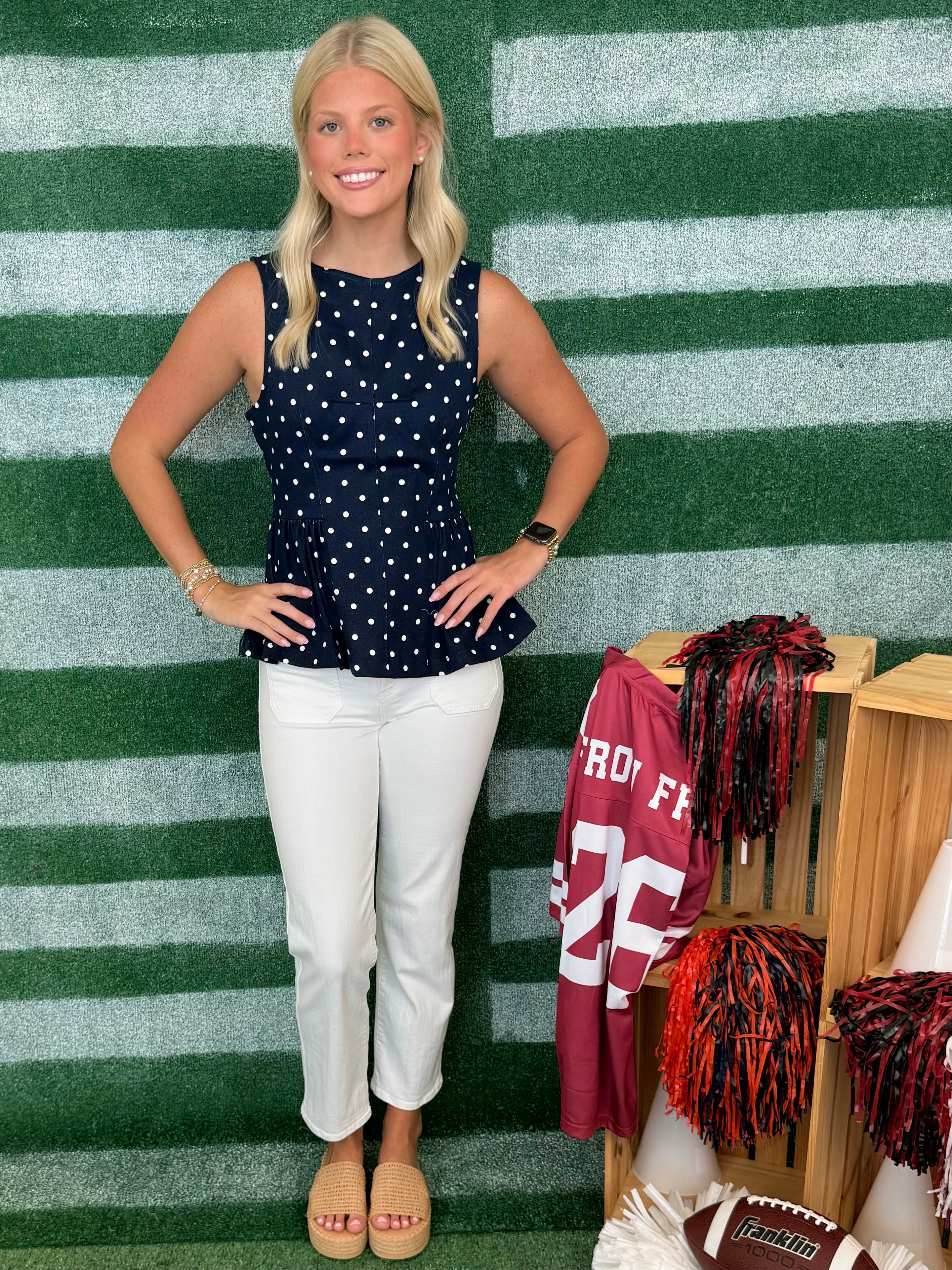 Hometown Spirit Navy/White Polka Dot Peplum Top-Shop-Womens-Boutique-Clothing