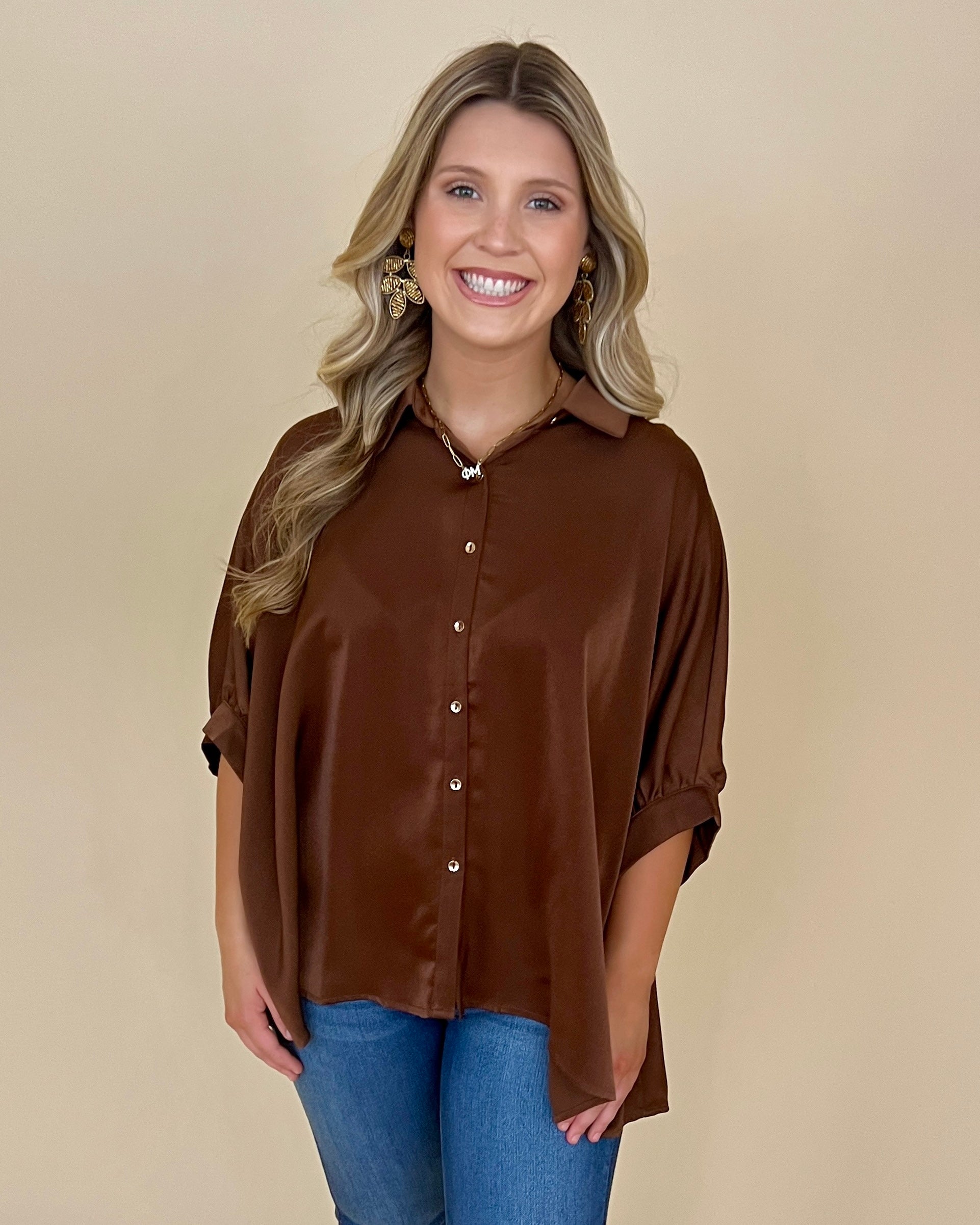 All Up To You Brown Satin Button Down Top-Shop-Womens-Boutique-Clothing