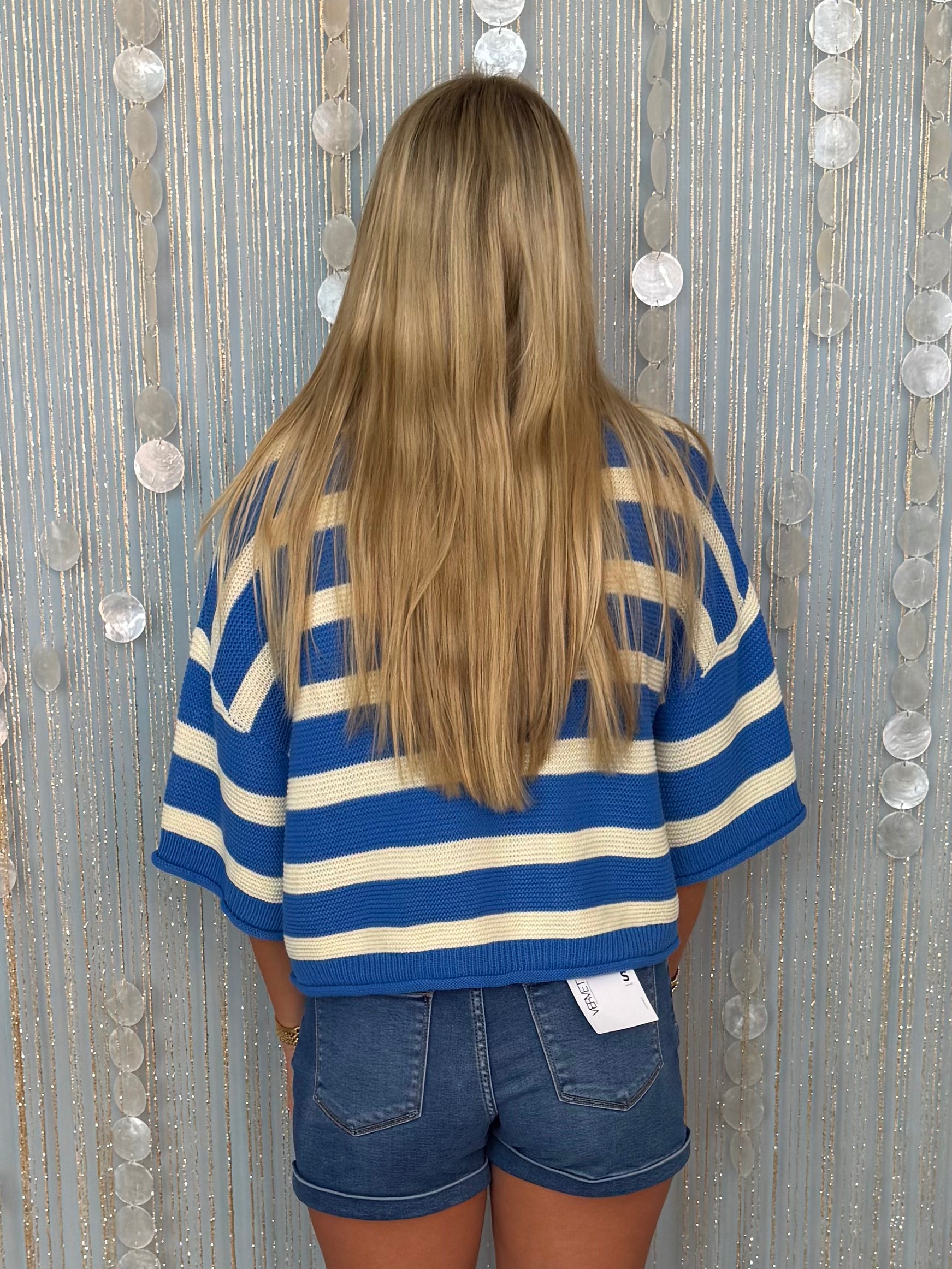 Lovely Obsession Blue 3/4 Sleeve Stripe Sweater-Shop-Womens-Boutique-Clothing