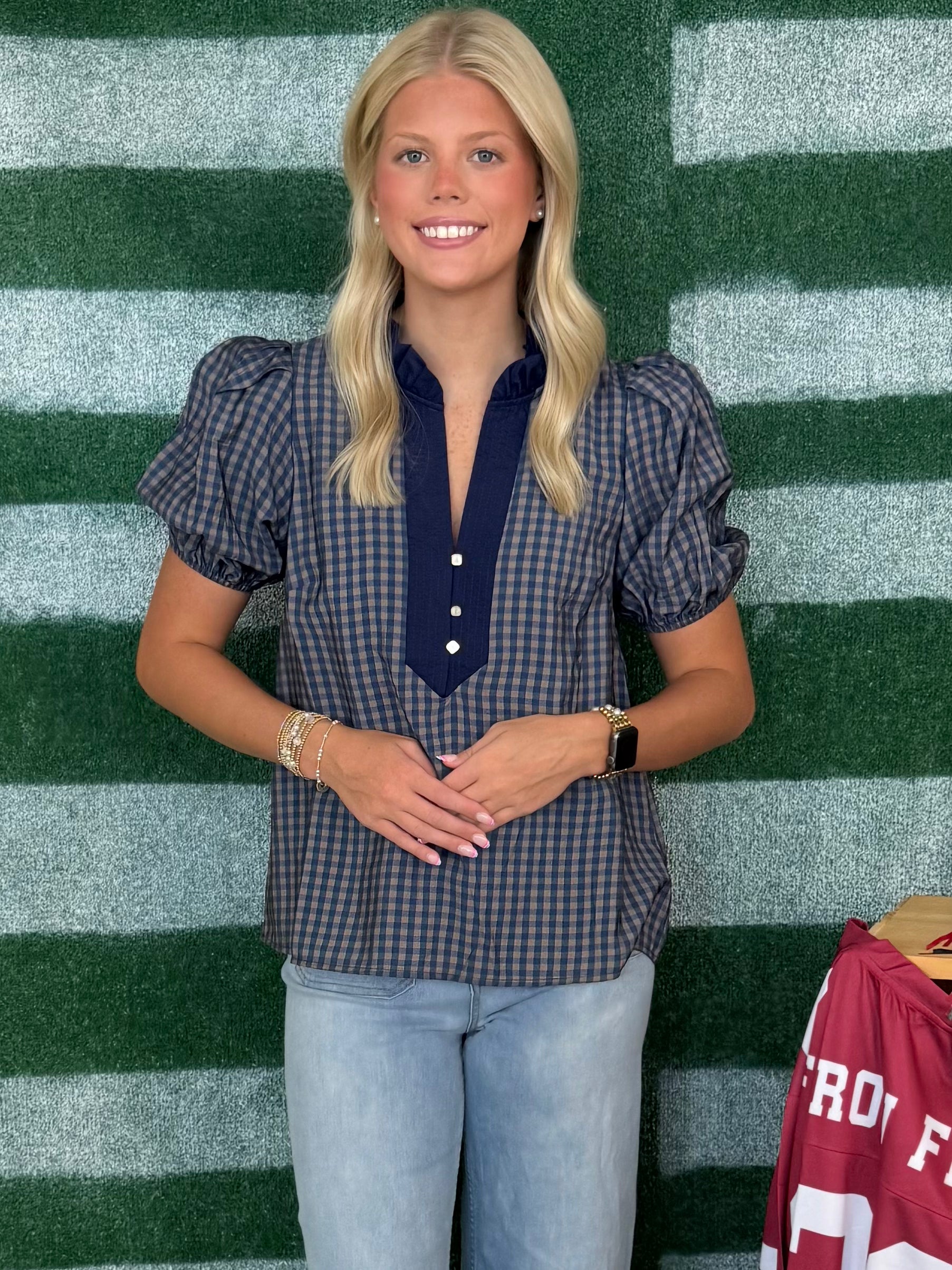 By Chance Navy Gingham Button Puff Sleeve Top-Shop-Womens-Boutique-Clothing