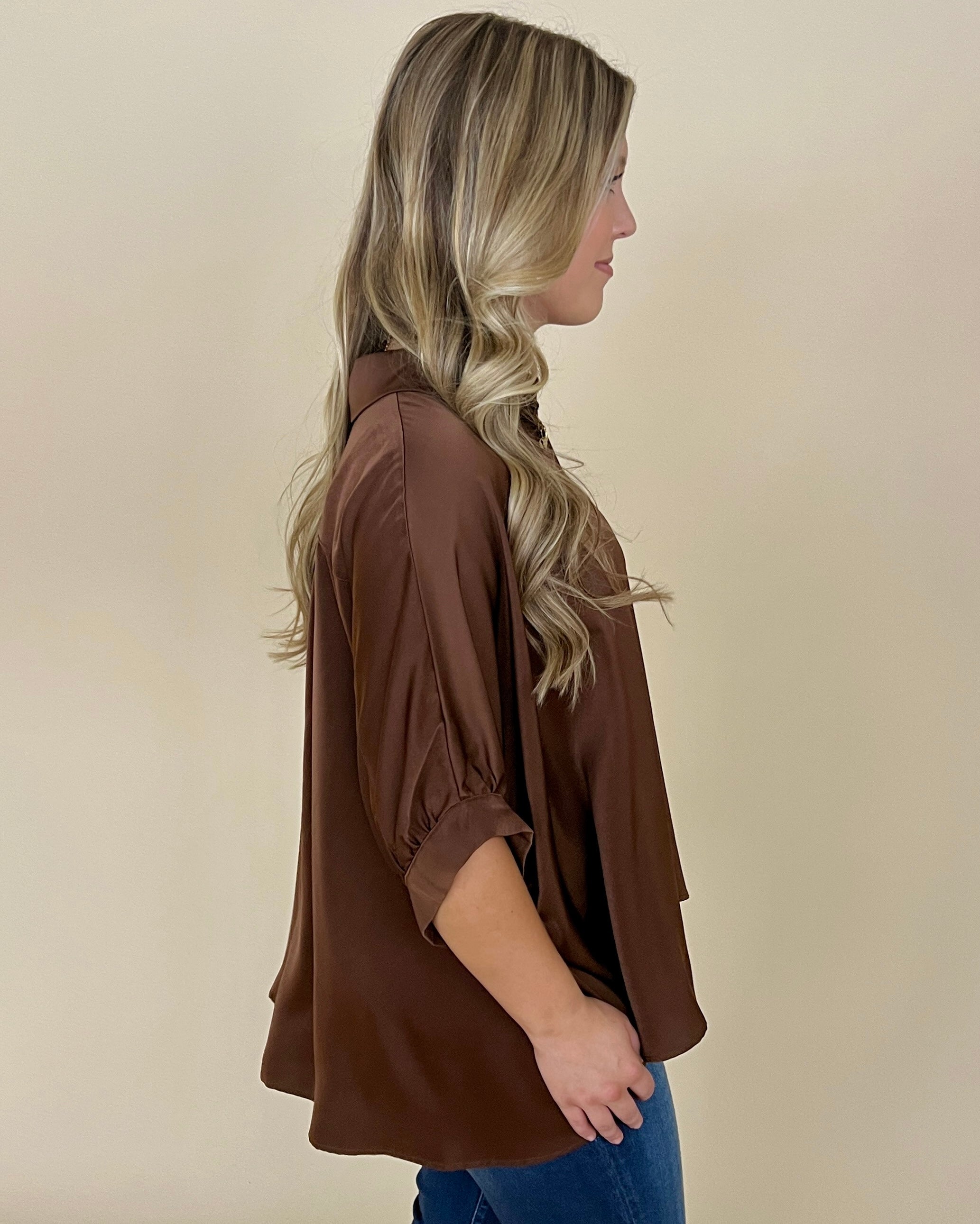All Up To You Brown Satin Button Down Top-Shop-Womens-Boutique-Clothing