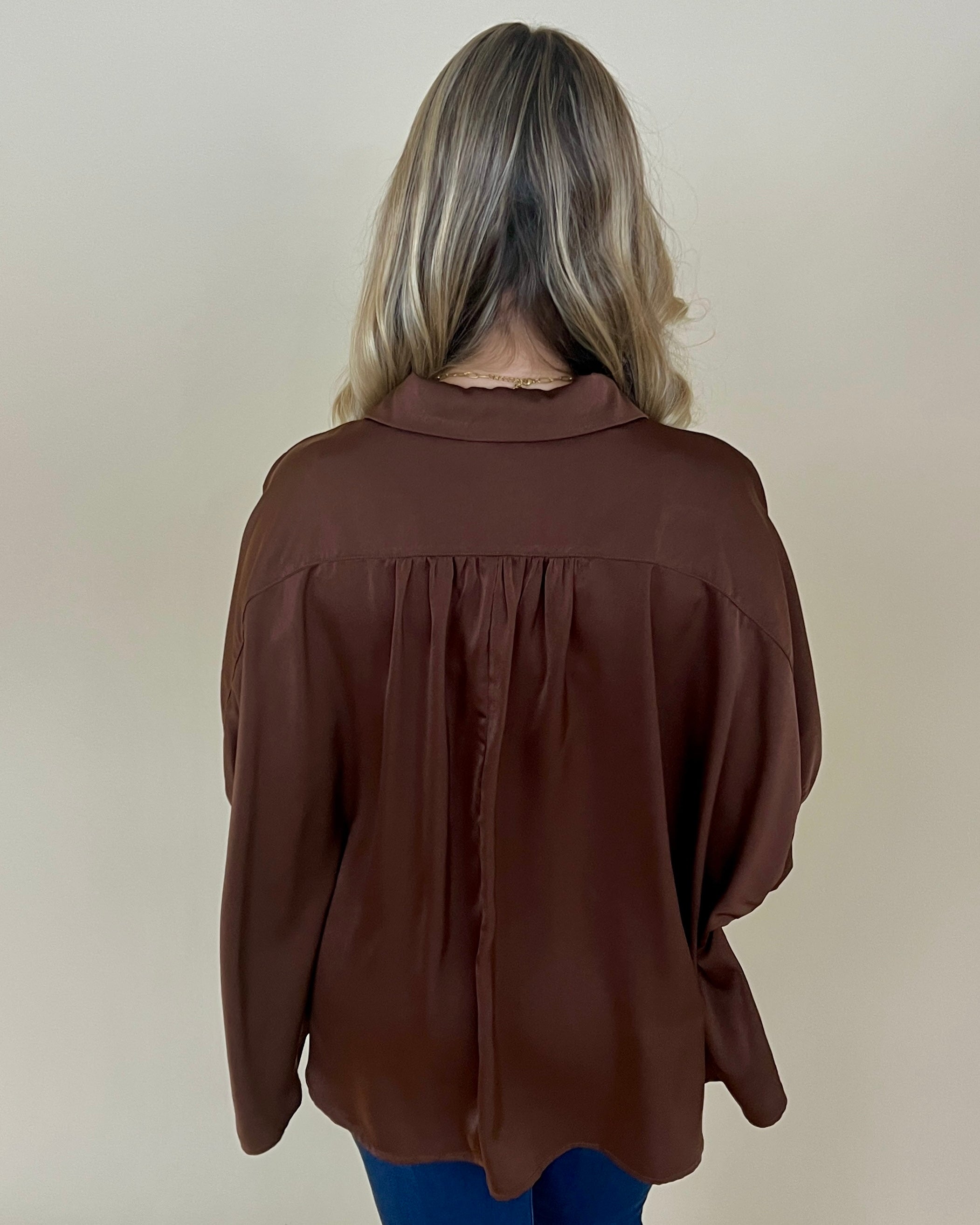 All Up To You Brown Satin Button Down Top-Shop-Womens-Boutique-Clothing