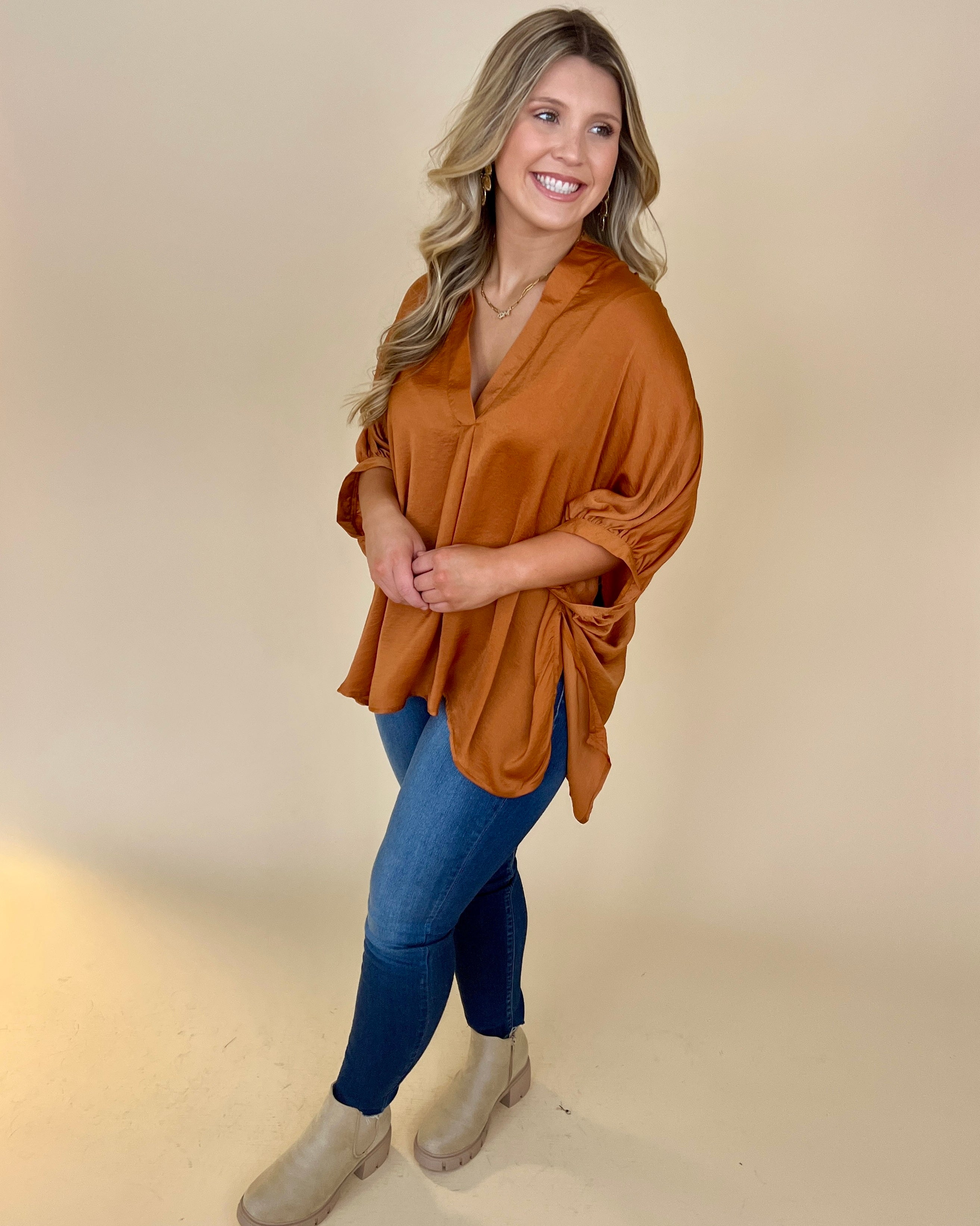 Find Me There Camel Split Neck Top-Shop-Womens-Boutique-Clothing