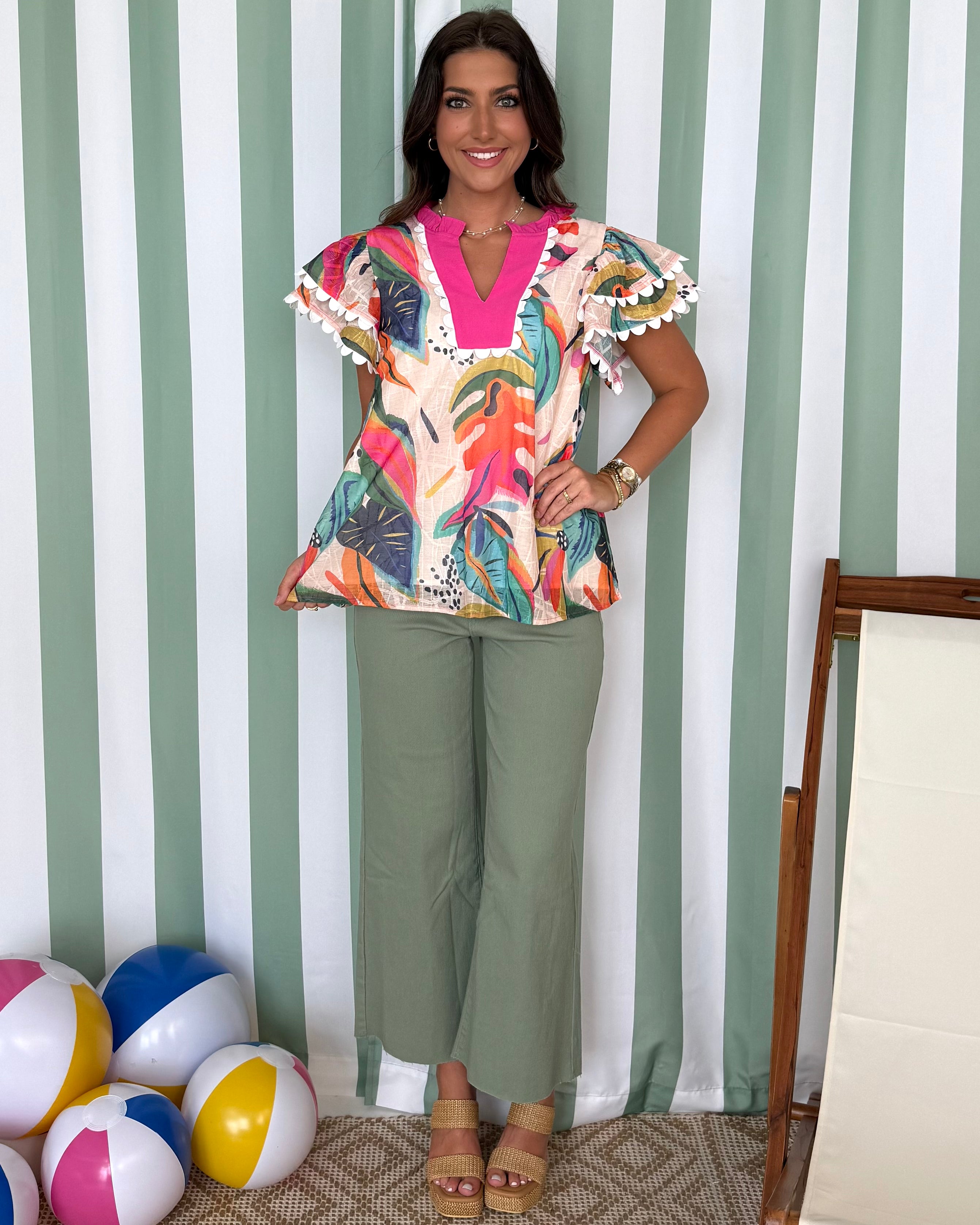 Oasis Breeze Fuchsia Tropical Ruffle Top-Shop-Womens-Boutique-Clothing