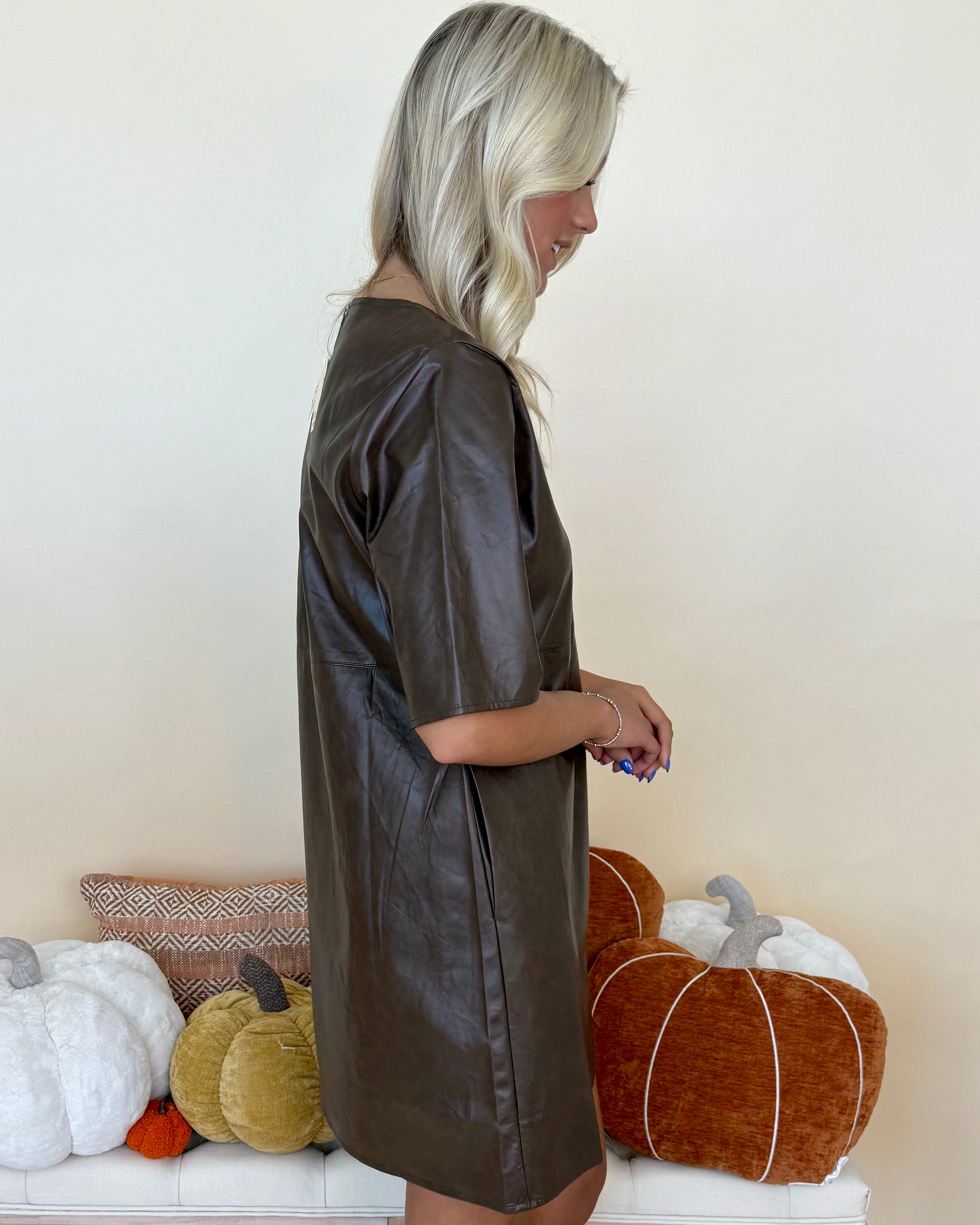 Everyone Knows Brown Faux Leather Dress-Shop-Womens-Boutique-Clothing