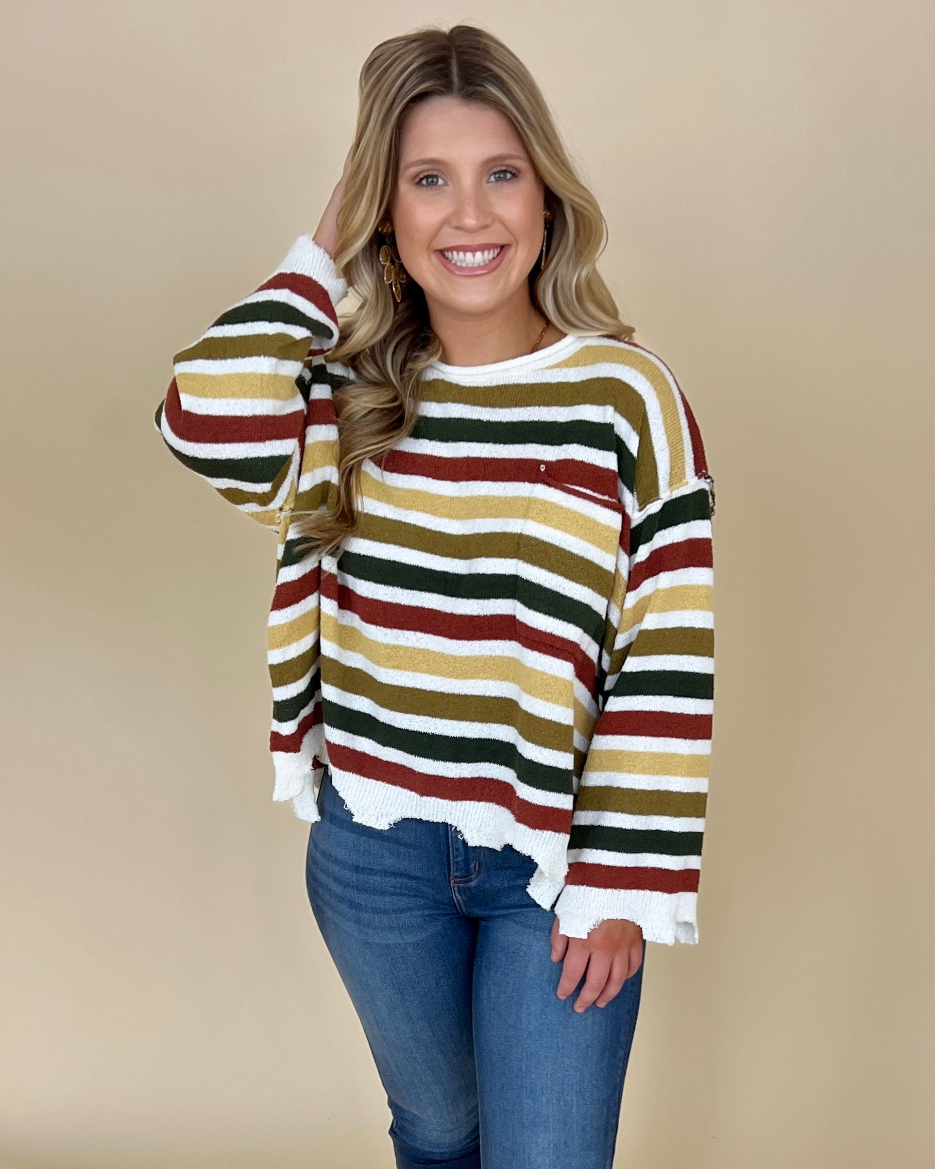 All You Need Olive/Brown Multi Thick Stripe Sweater-Shop-Womens-Boutique-Clothing