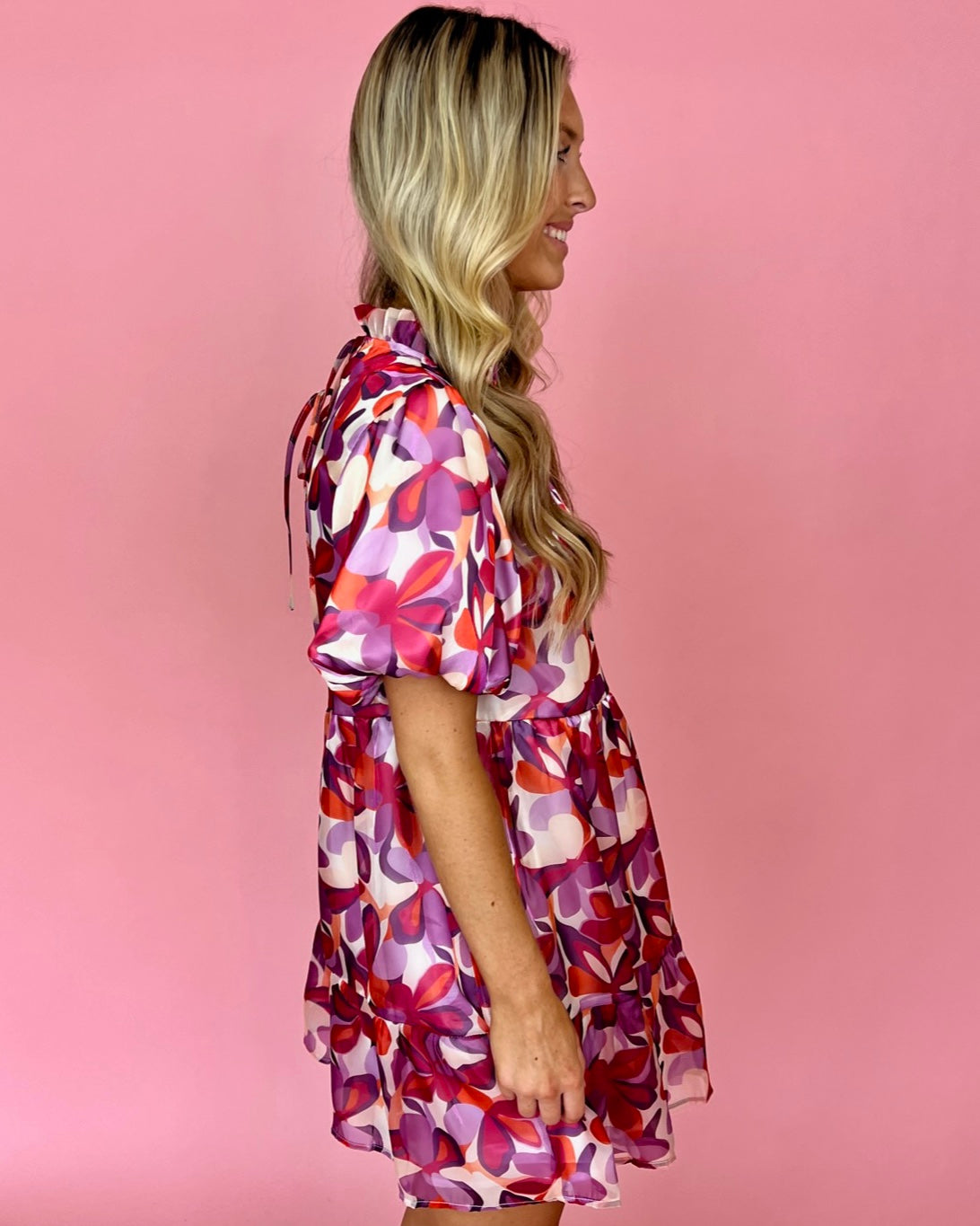 Beautiful Soul Red Purple Puff Sleeve Printed Dress-Shop-Womens-Boutique-Clothing