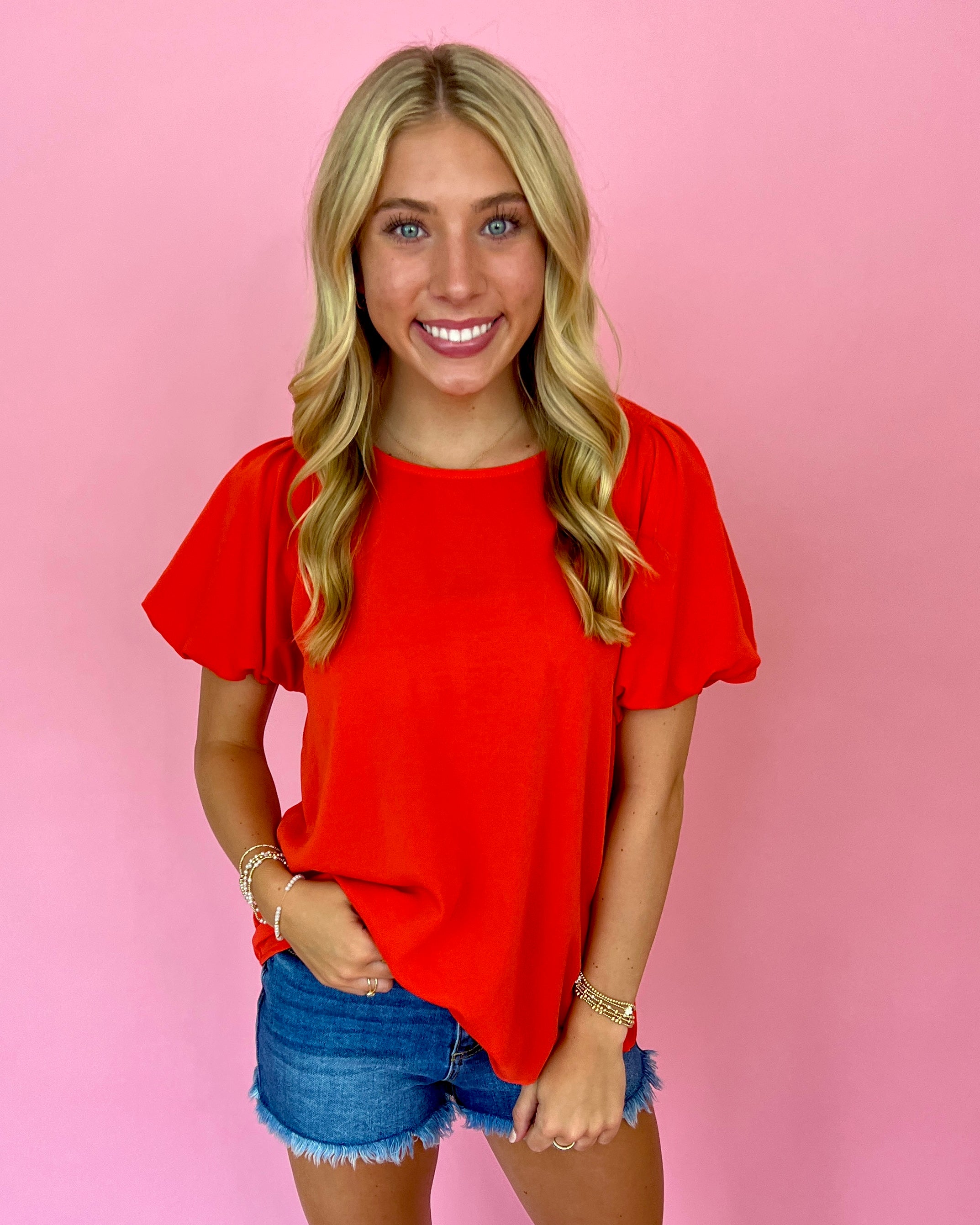My Dearest Darling Orange Puff Sleeve Round Neck Top-Shop-Womens-Boutique-Clothing