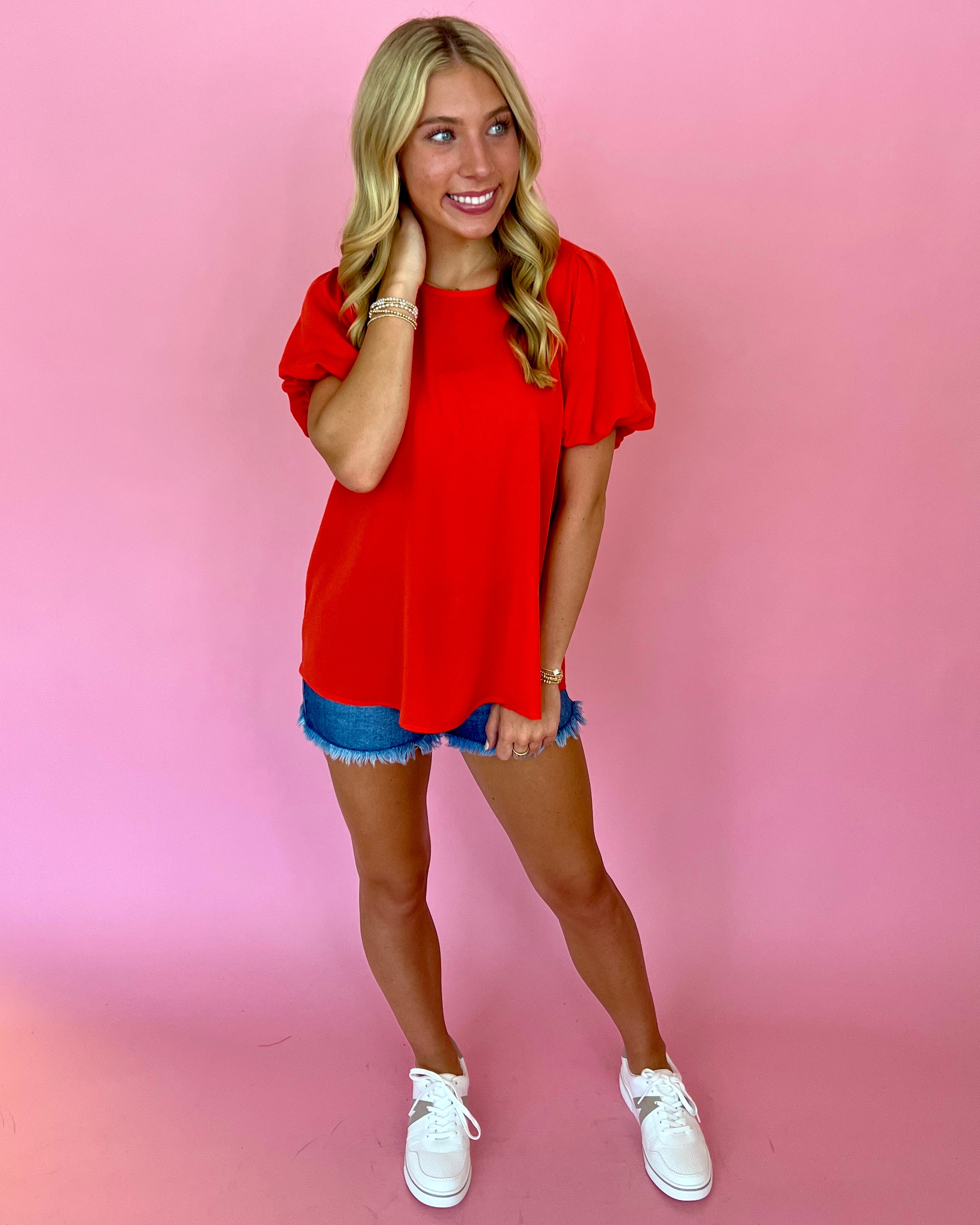 My Dearest Darling Orange Puff Sleeve Round Neck Top-Shop-Womens-Boutique-Clothing