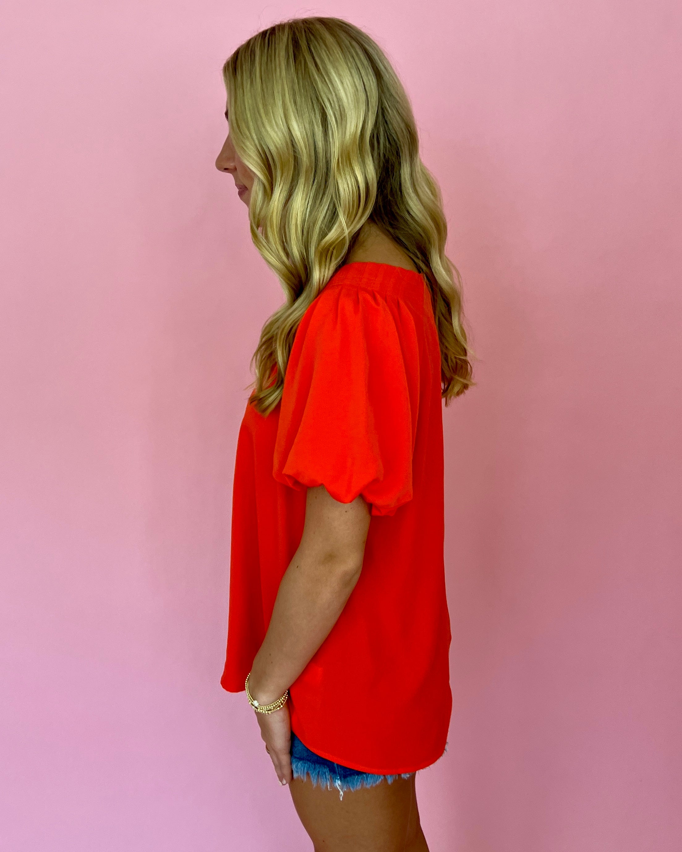 My Dearest Darling Orange Puff Sleeve Round Neck Top-Shop-Womens-Boutique-Clothing