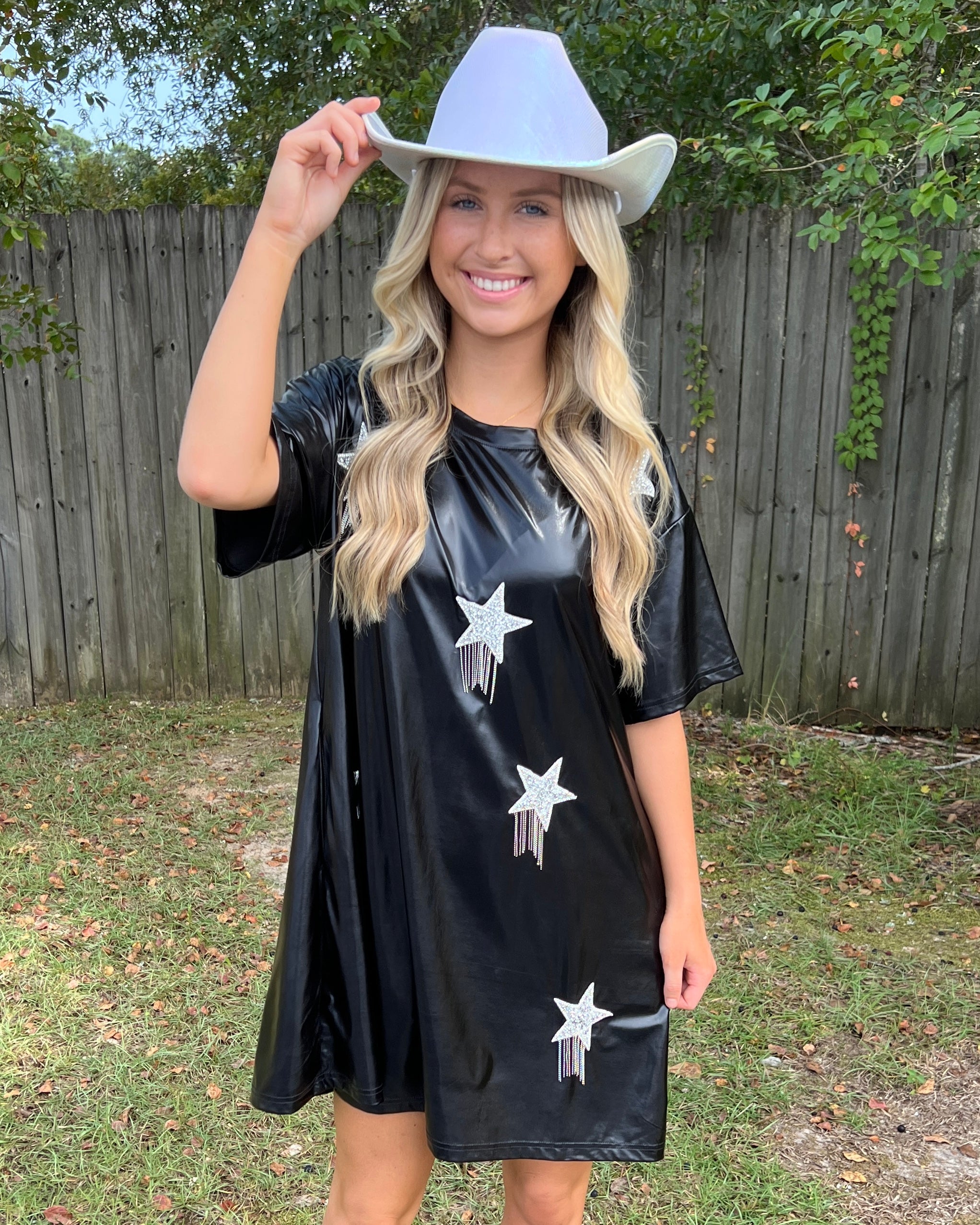Feeling Fun Black Foil Star Patch T-Shirt Dress-Shop-Womens-Boutique-Clothing