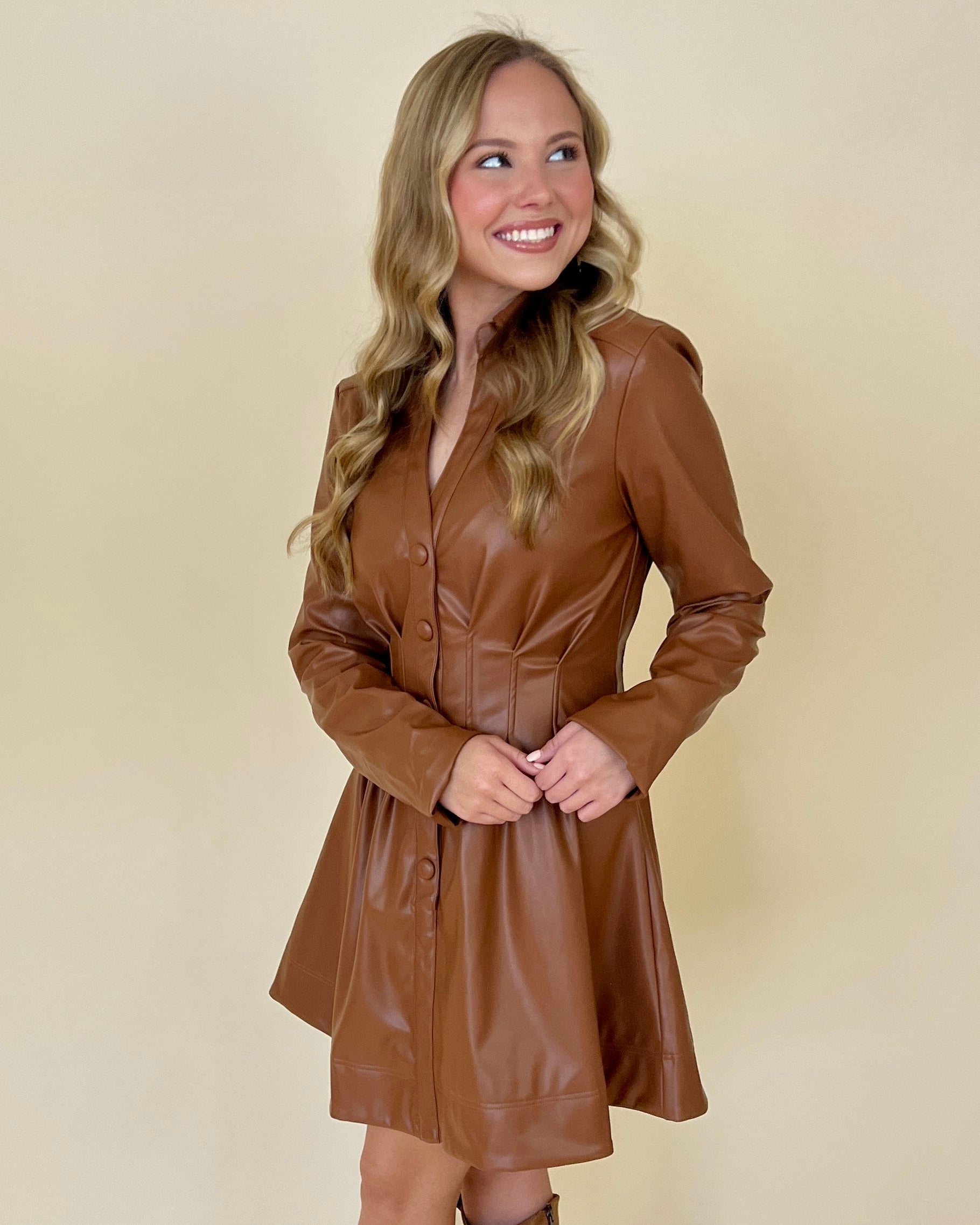 Stride On Camel Faux Leather Button Dress-Shop-Womens-Boutique-Clothing
