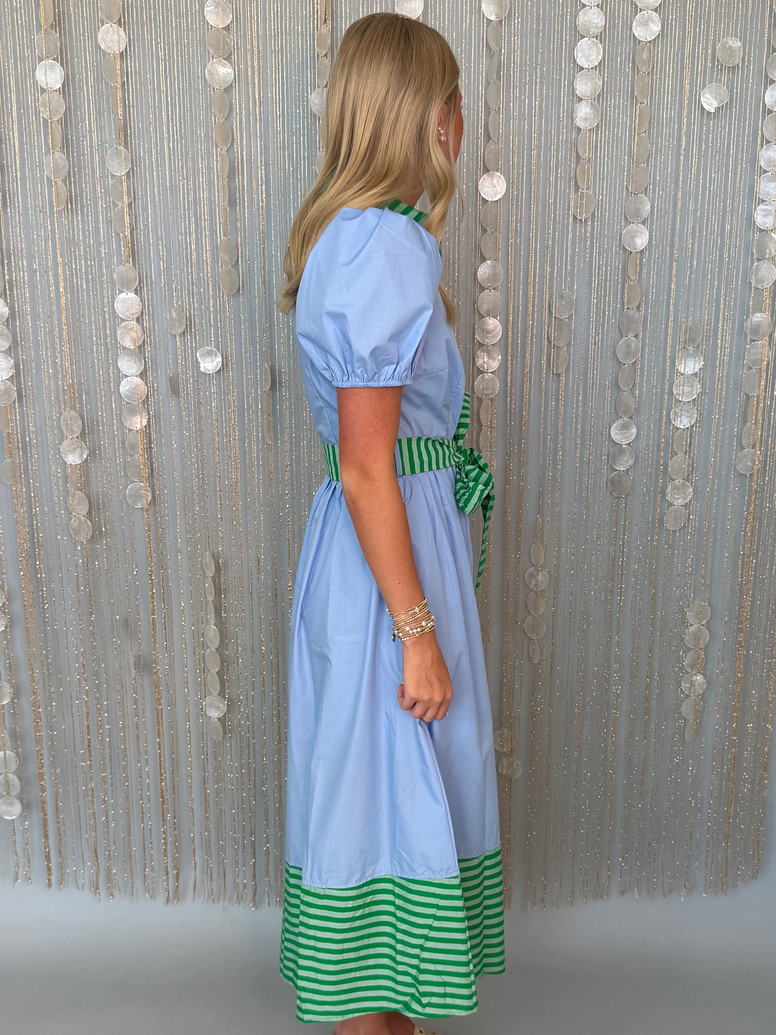 Soft Style Blue Stripe Trim Puff Sleeve Midi Dress-Shop-Womens-Boutique-Clothing