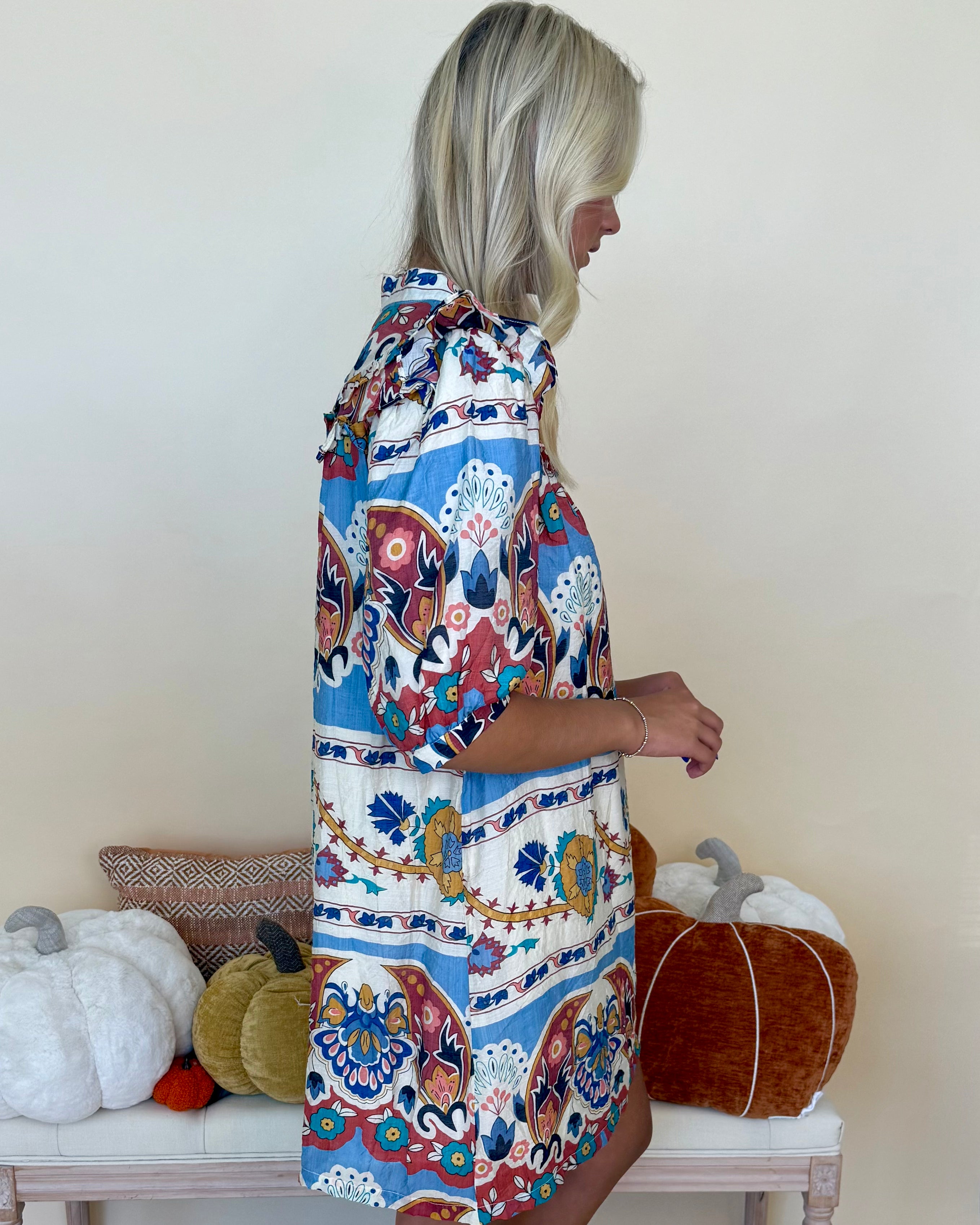 Floating On Blue Mix Print Ruffle Dress-Shop-Womens-Boutique-Clothing