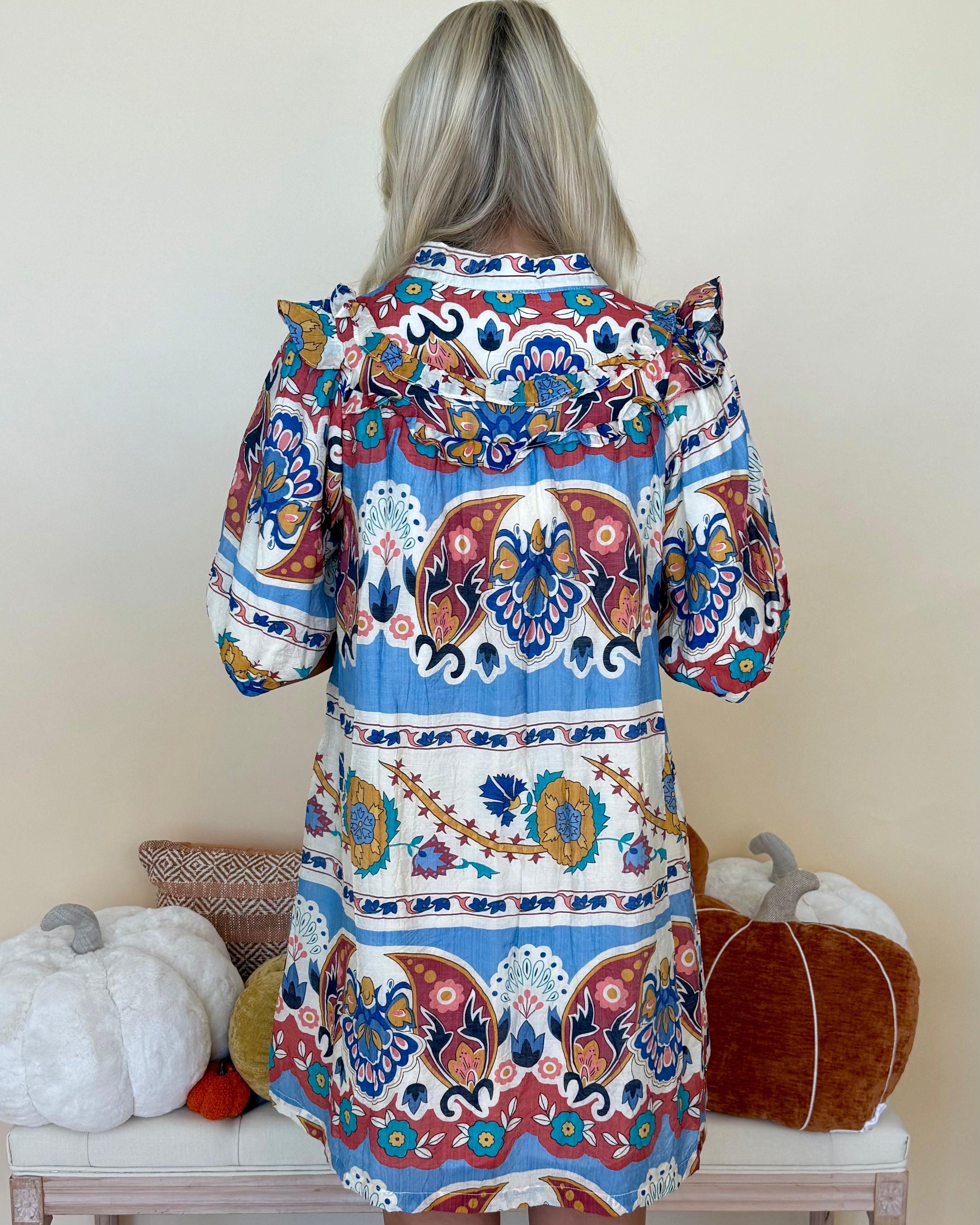 Floating On Blue Mix Print Ruffle Dress-Shop-Womens-Boutique-Clothing