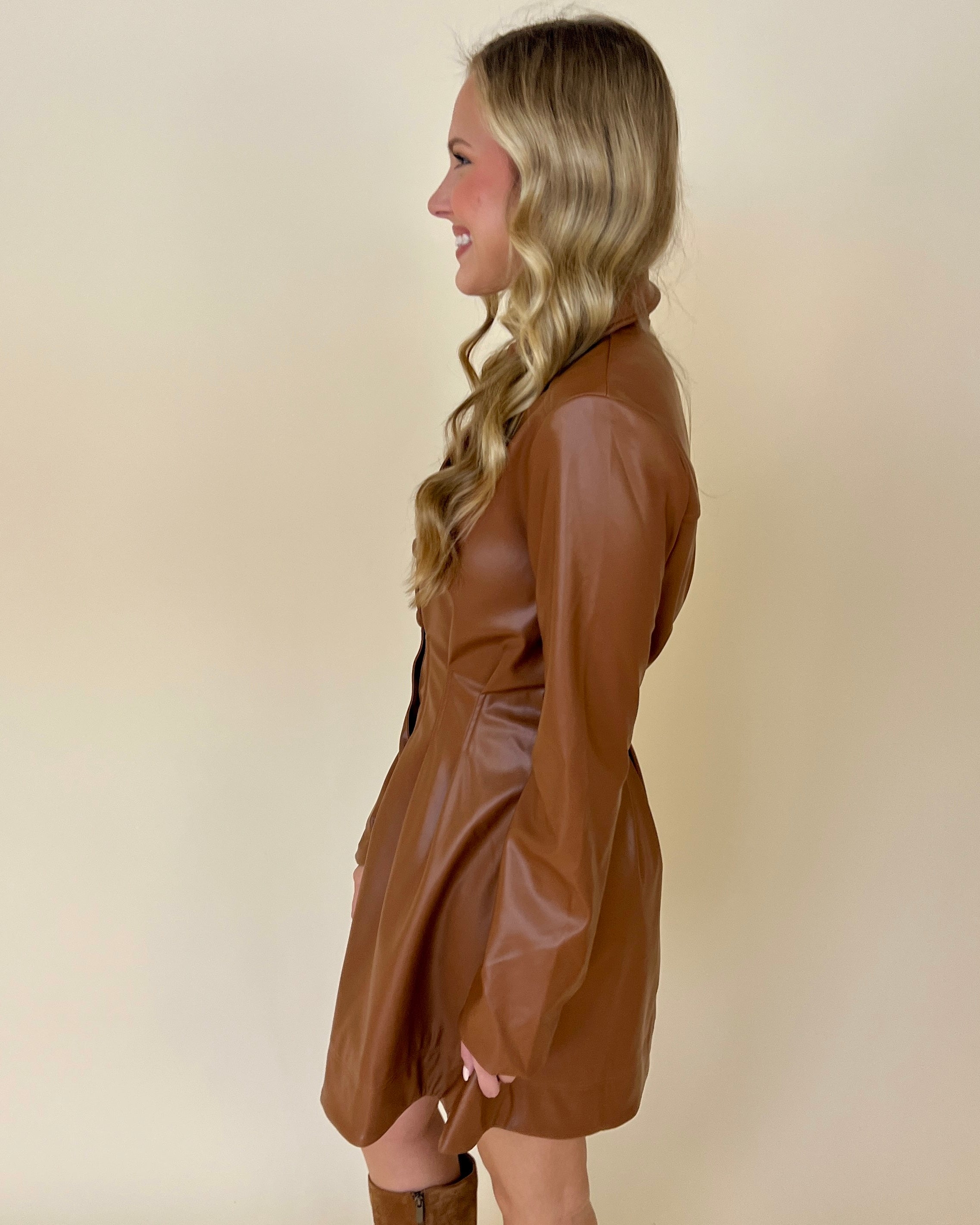 Stride On Camel Faux Leather Button Dress-Shop-Womens-Boutique-Clothing