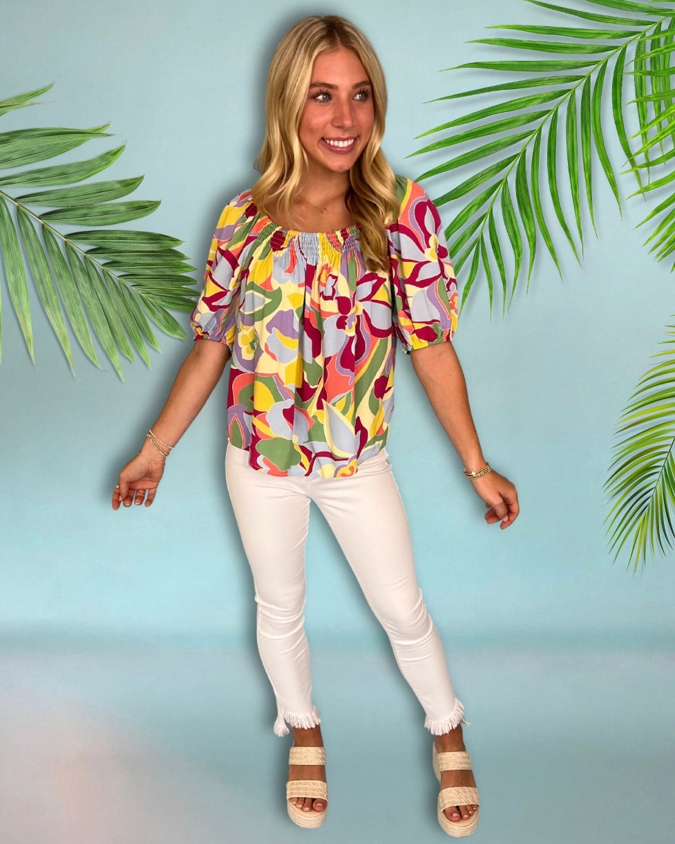 Tropical Days Lemon Fuchsia Printed Puff Sleeve Top-Shop-Womens-Boutique-Clothing