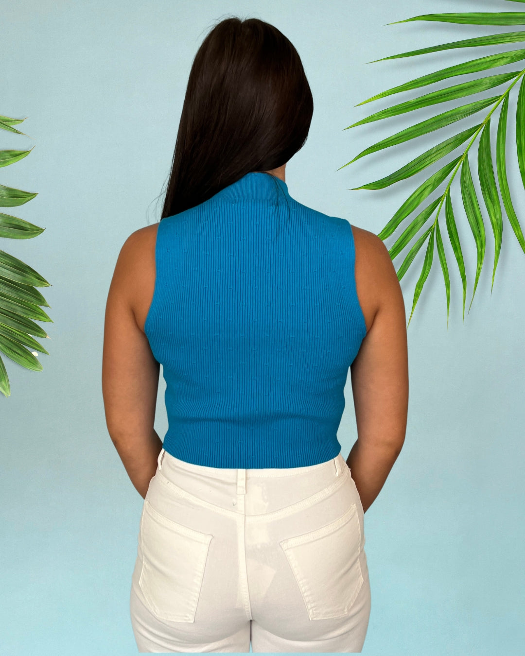 Snow On The Beach Pacific Blue Mock Neck Knit Top-Shop-Womens-Boutique-Clothing