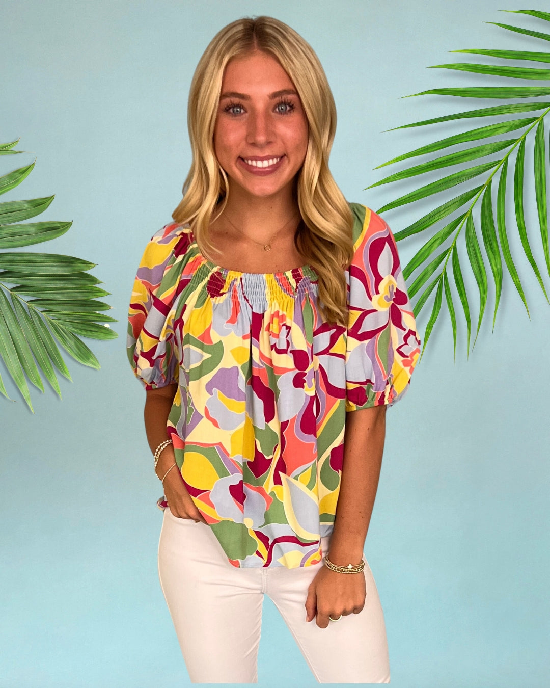 Tropical Days Lemon Fuchsia Printed Puff Sleeve Top-Shop-Womens-Boutique-Clothing