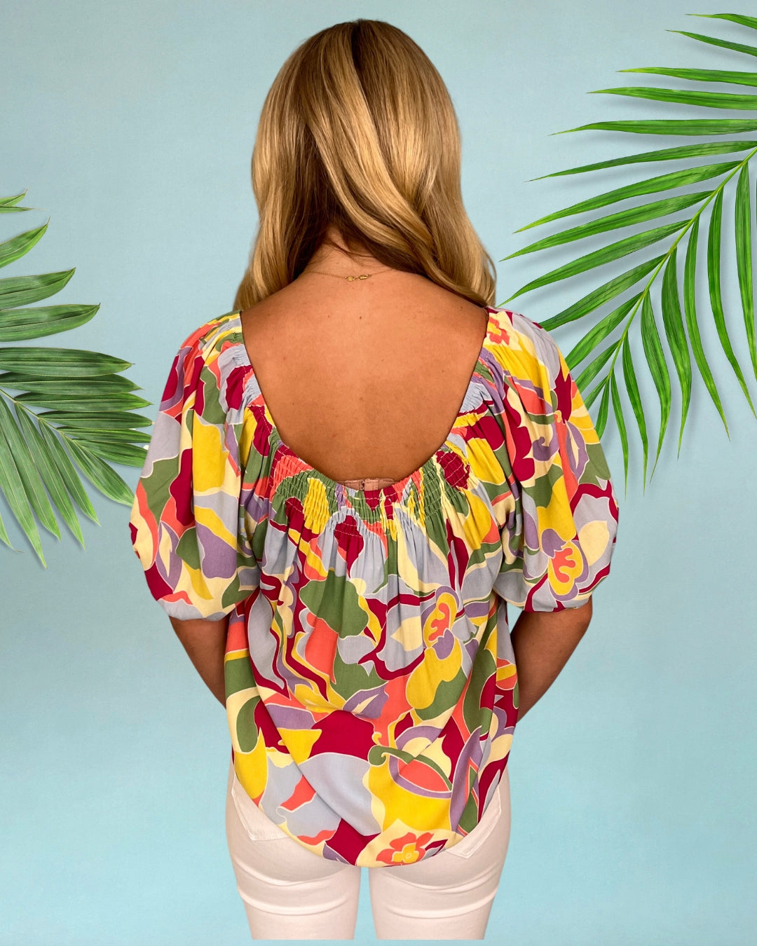 Tropical Days Lemon Fuchsia Printed Puff Sleeve Top-Shop-Womens-Boutique-Clothing