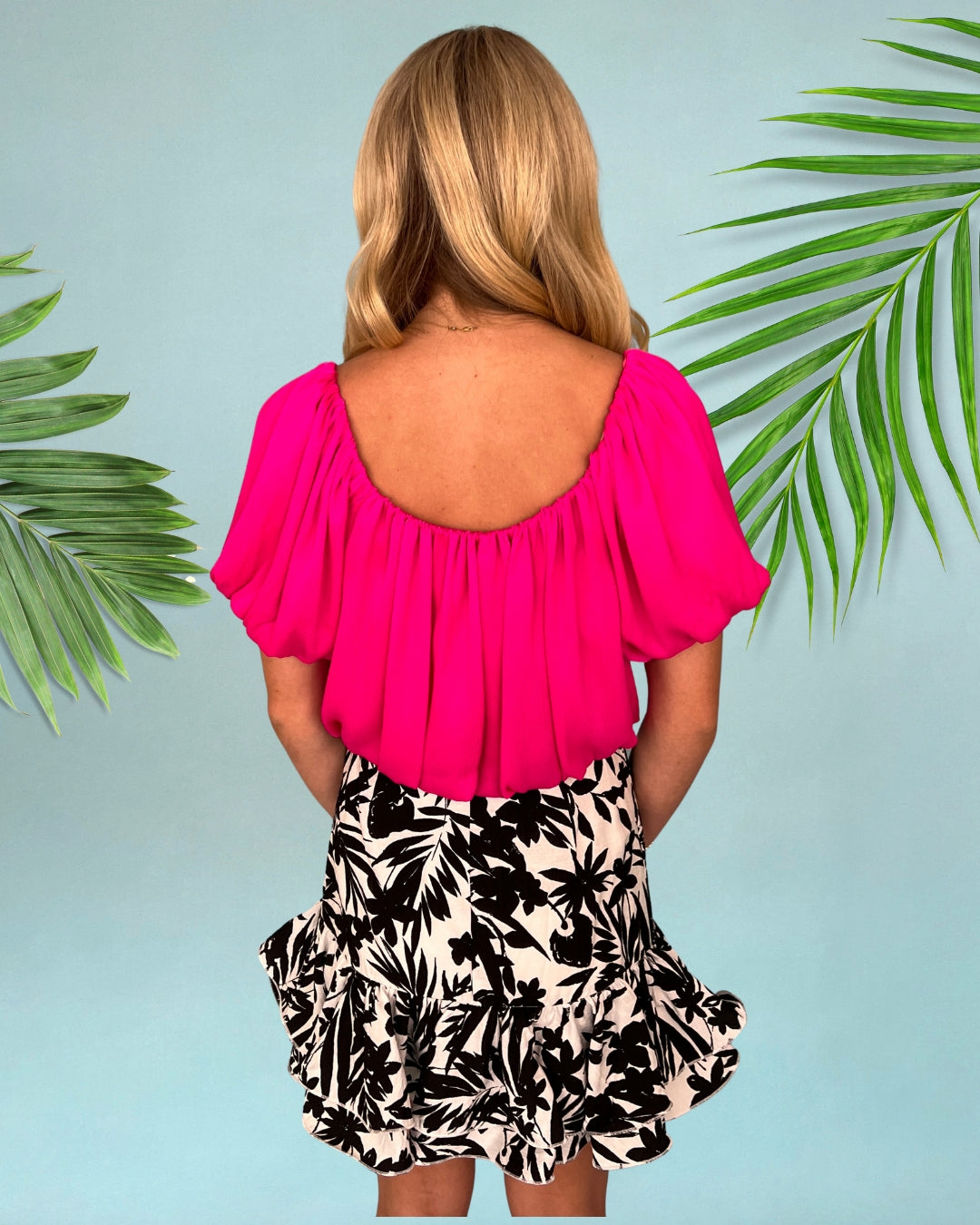 Pulled To Paradise Fuchsia Puff Sleeve Crop Top-Shop-Womens-Boutique-Clothing