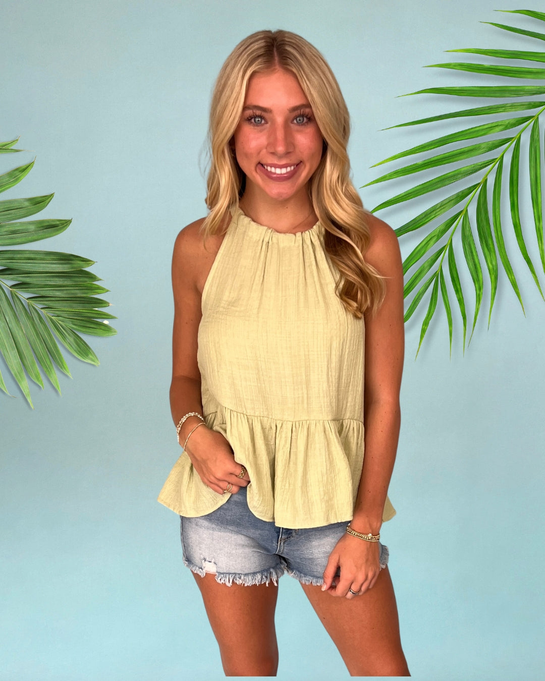 Just Add Waves Light Sage Babydoll Sleeveless Tank Top-Shop-Womens-Boutique-Clothing