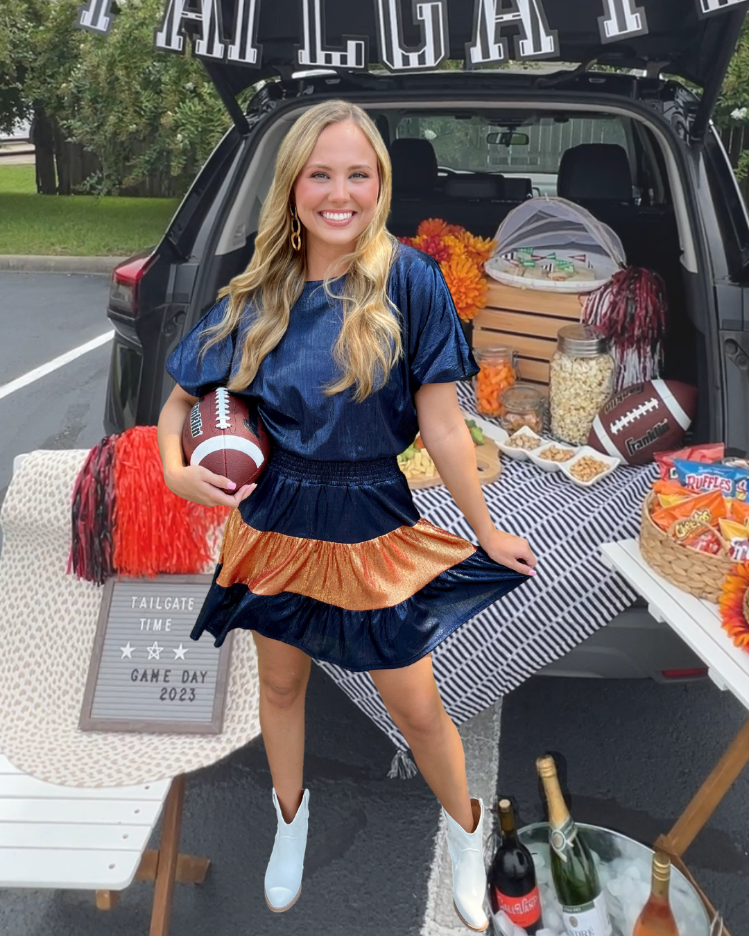 Ready To Tailgate Navy Metallic Stripe Smocked Dress-Shop-Womens-Boutique-Clothing