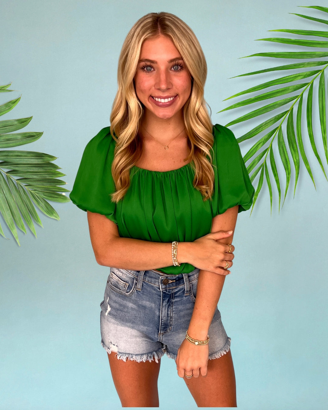 Pulled To Paradise Forest Green Puff Sleeve Crop Top-Shop-Womens-Boutique-Clothing