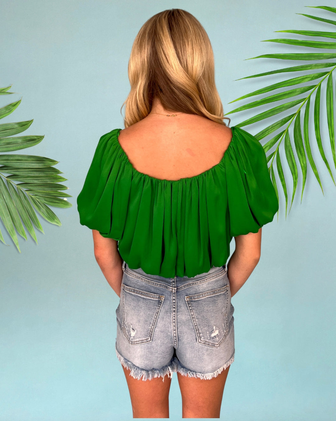 Pulled To Paradise Forest Green Puff Sleeve Crop Top-Shop-Womens-Boutique-Clothing