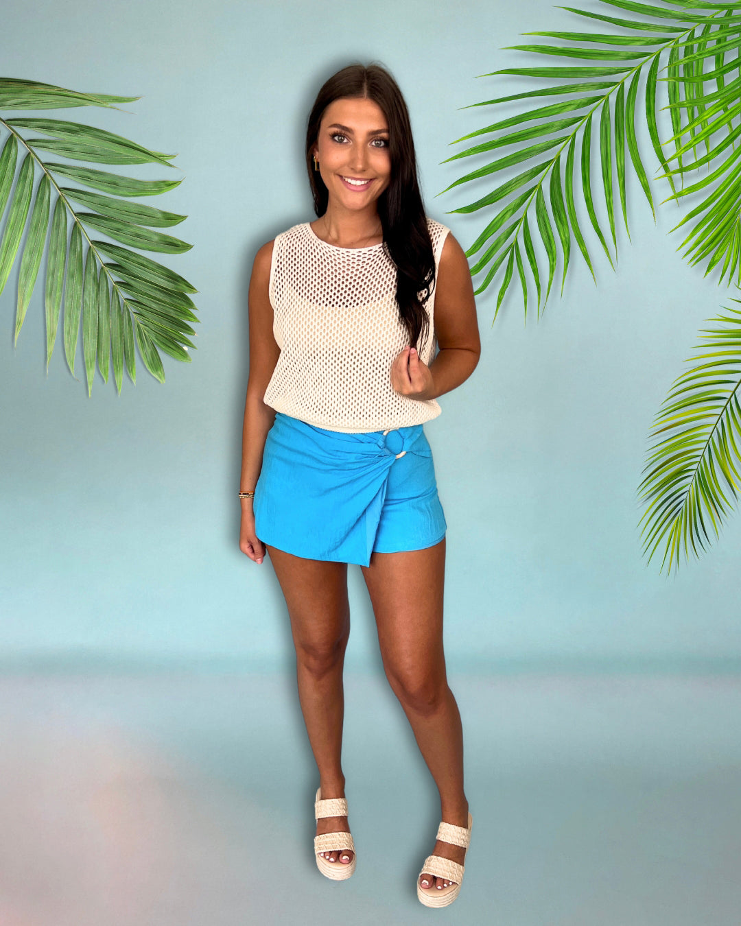 Here I Go Aqua Blue Side Ruched O’Ring Skort-Shop-Womens-Boutique-Clothing