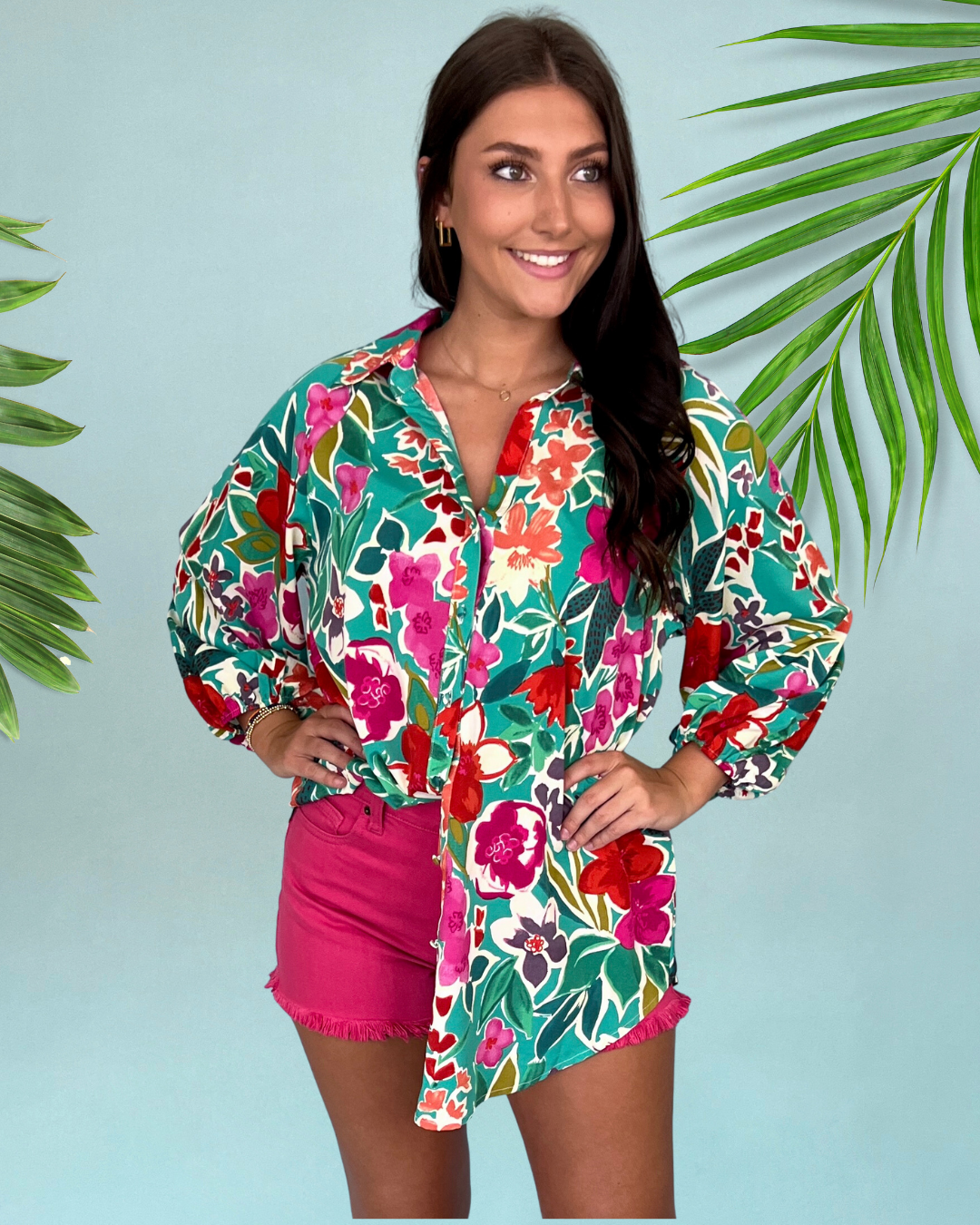 Never Too Late Green Printed Collared Button Down Top-Shop-Womens-Boutique-Clothing