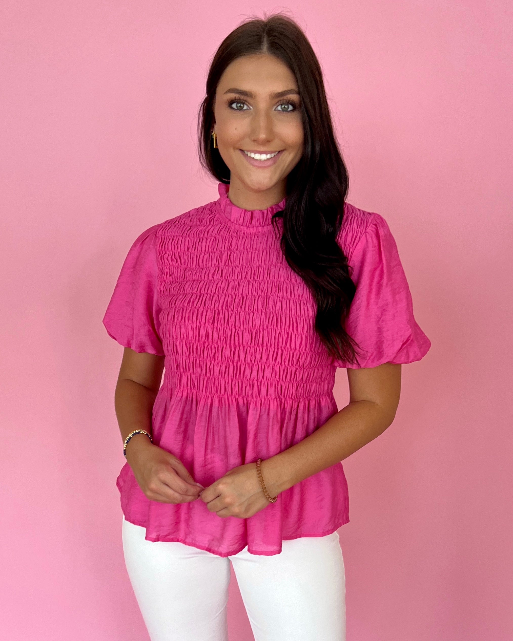 Sunrise Eyes Hot Pink Smocked Puff Sleeve Babydoll Top-Shop-Womens-Boutique-Clothing