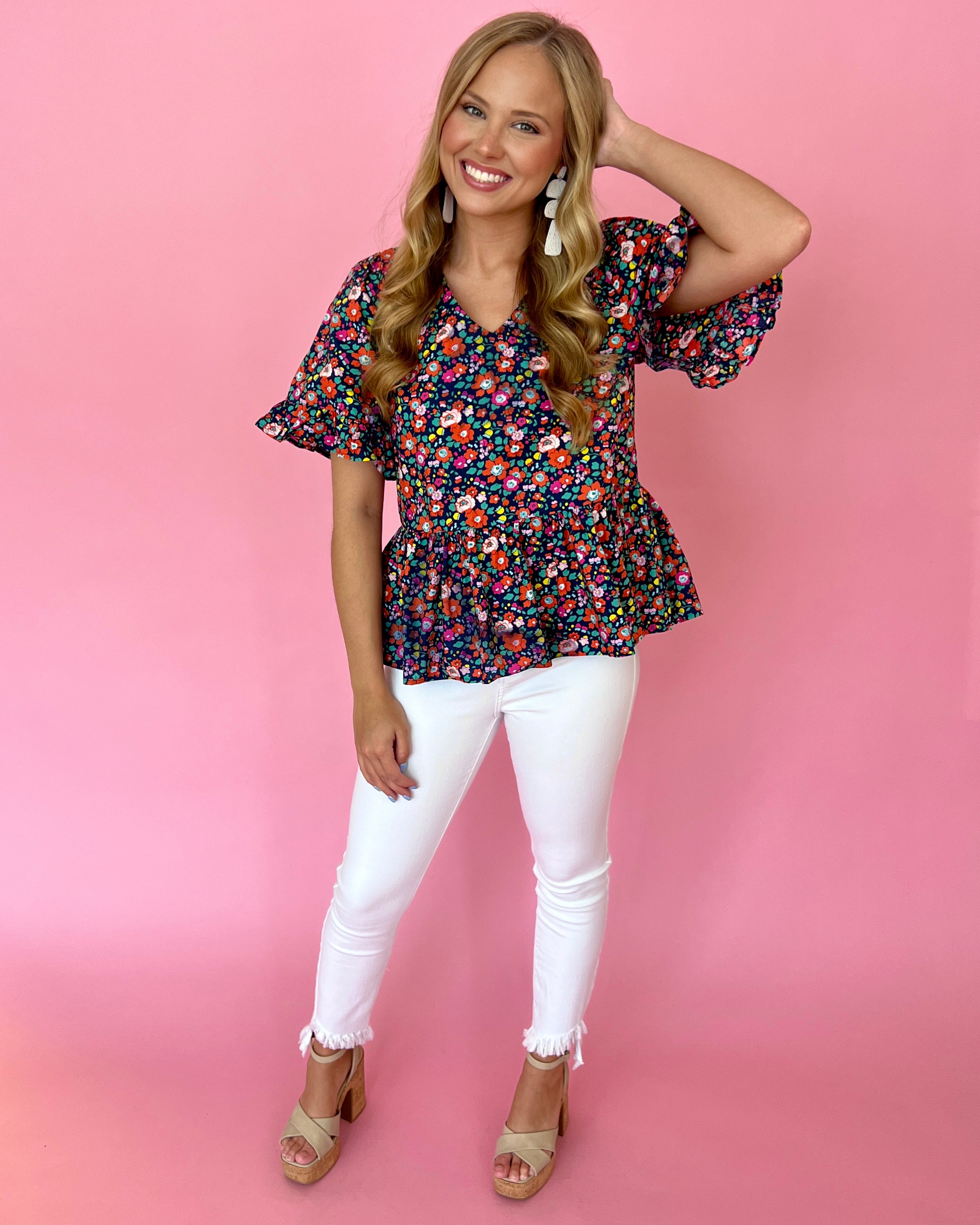 Let It Be Navy Floral Ruffle Sleeve V-neck Top-Shop-Womens-Boutique-Clothing