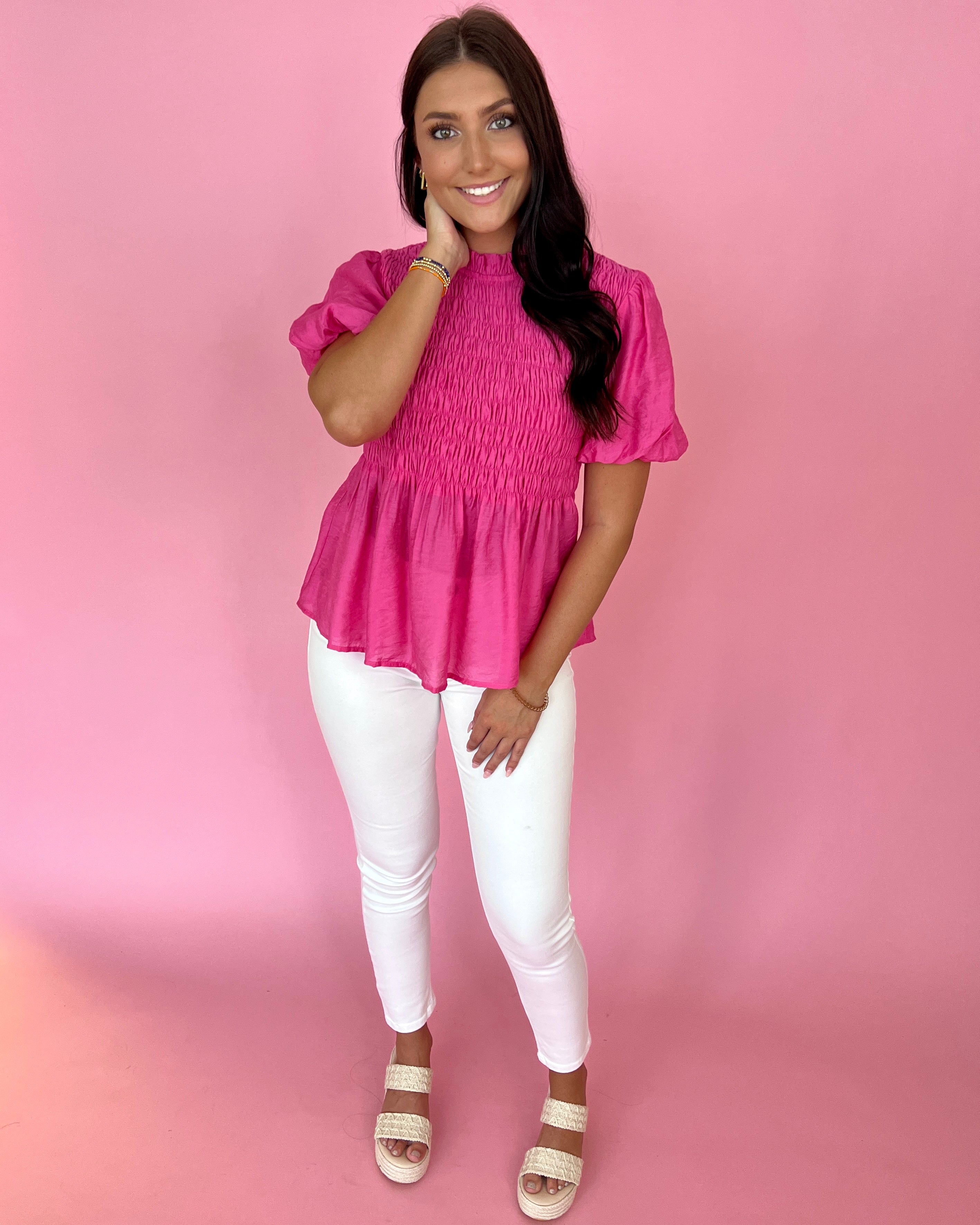 Sunrise Eyes Hot Pink Smocked Puff Sleeve Babydoll Top-Shop-Womens-Boutique-Clothing