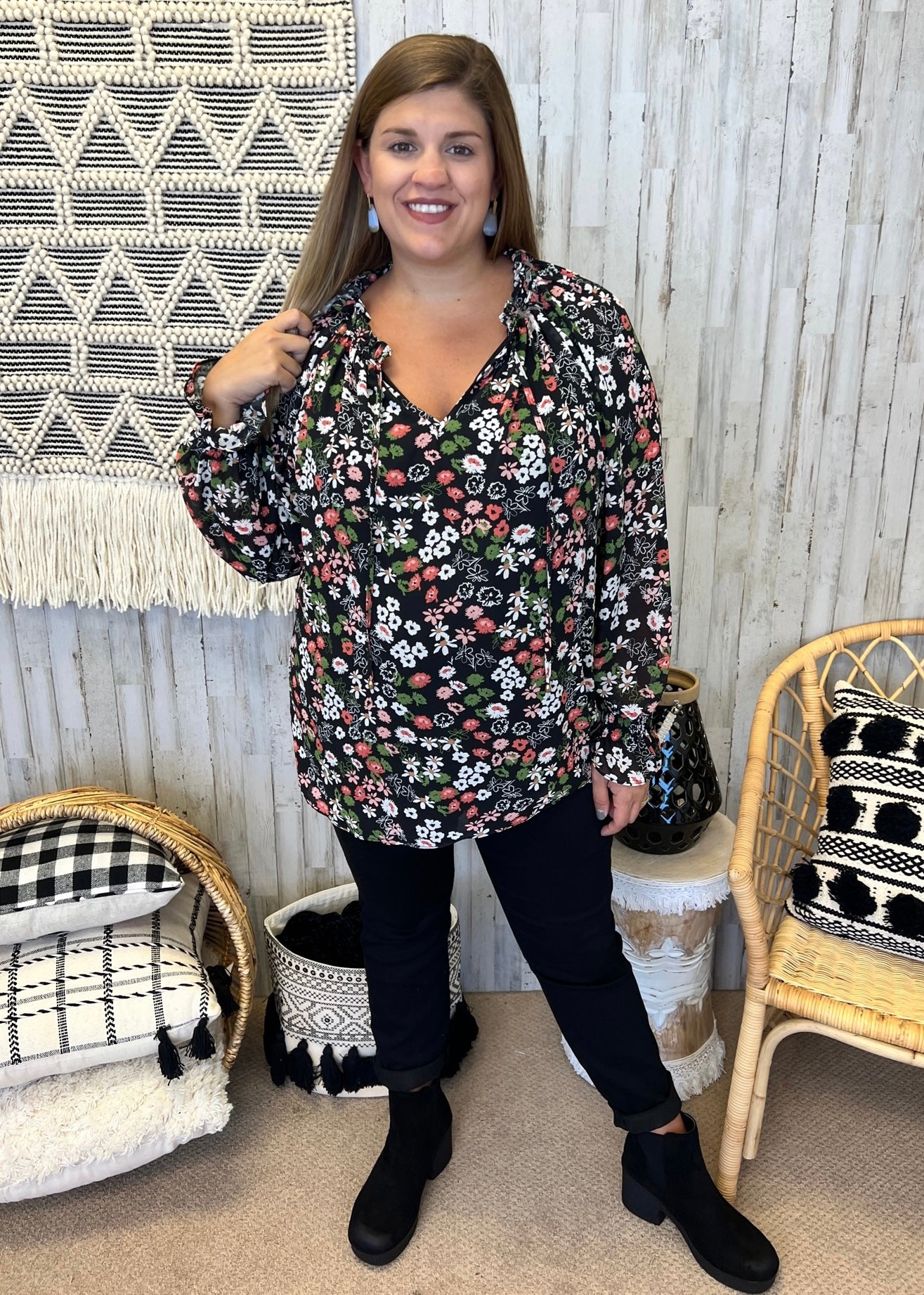 She's Carefree Black Plus Size Ditsy Floral Split Neck Top-Shop-Womens-Boutique-Clothing
