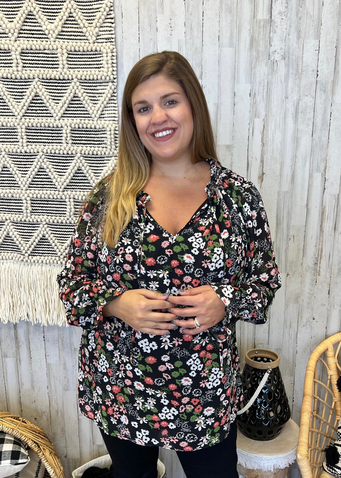 She's Carefree Black Plus Size Ditsy Floral Split Neck Top-Shop-Womens-Boutique-Clothing