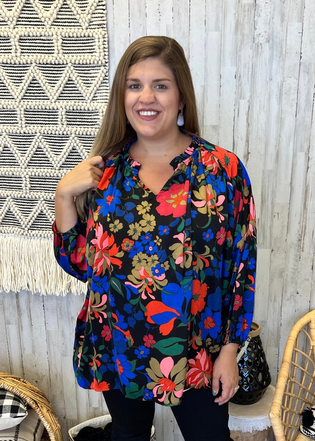 Break Even Black Plus Size Large Floral Split Neck Top-Shop-Womens-Boutique-Clothing