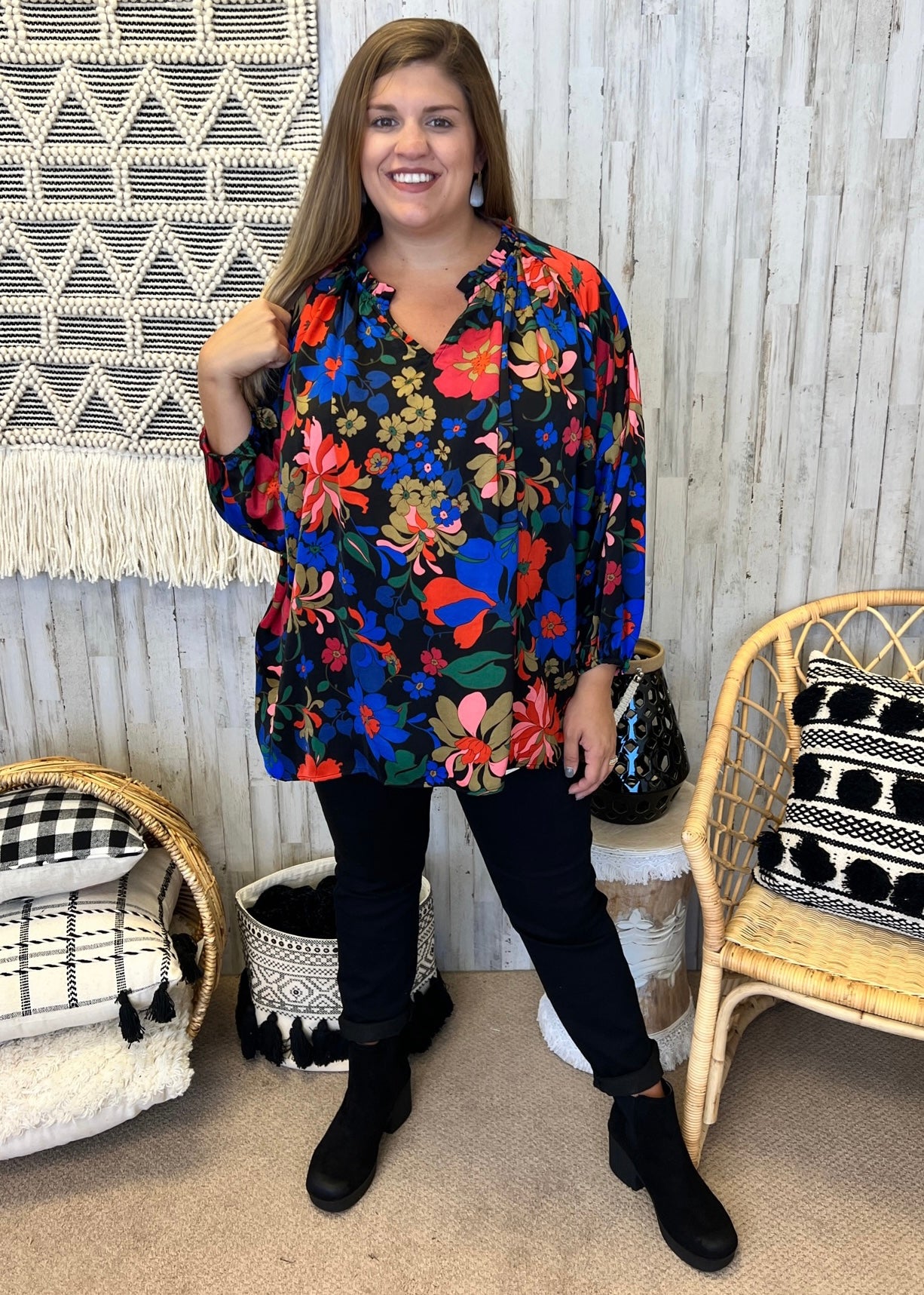 Break Even Black Plus Size Large Floral Split Neck Top-Shop-Womens-Boutique-Clothing