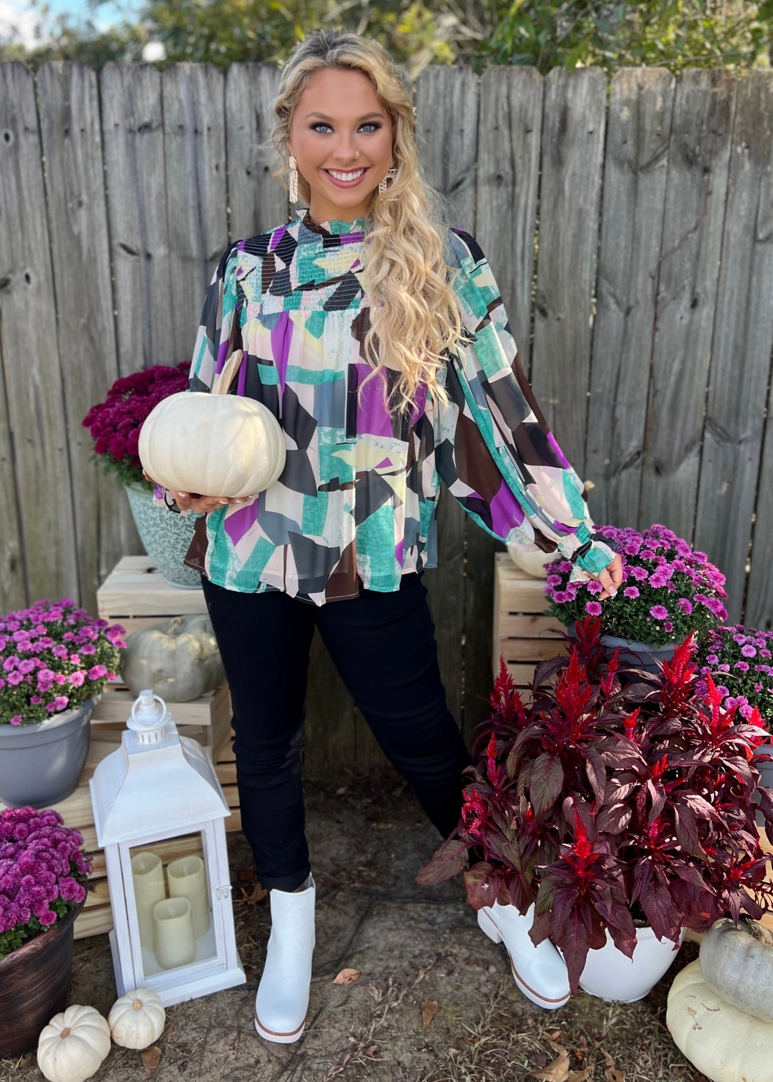 Creative Minds Orchid Green Geometric Smocked Top-Shop-Womens-Boutique-Clothing