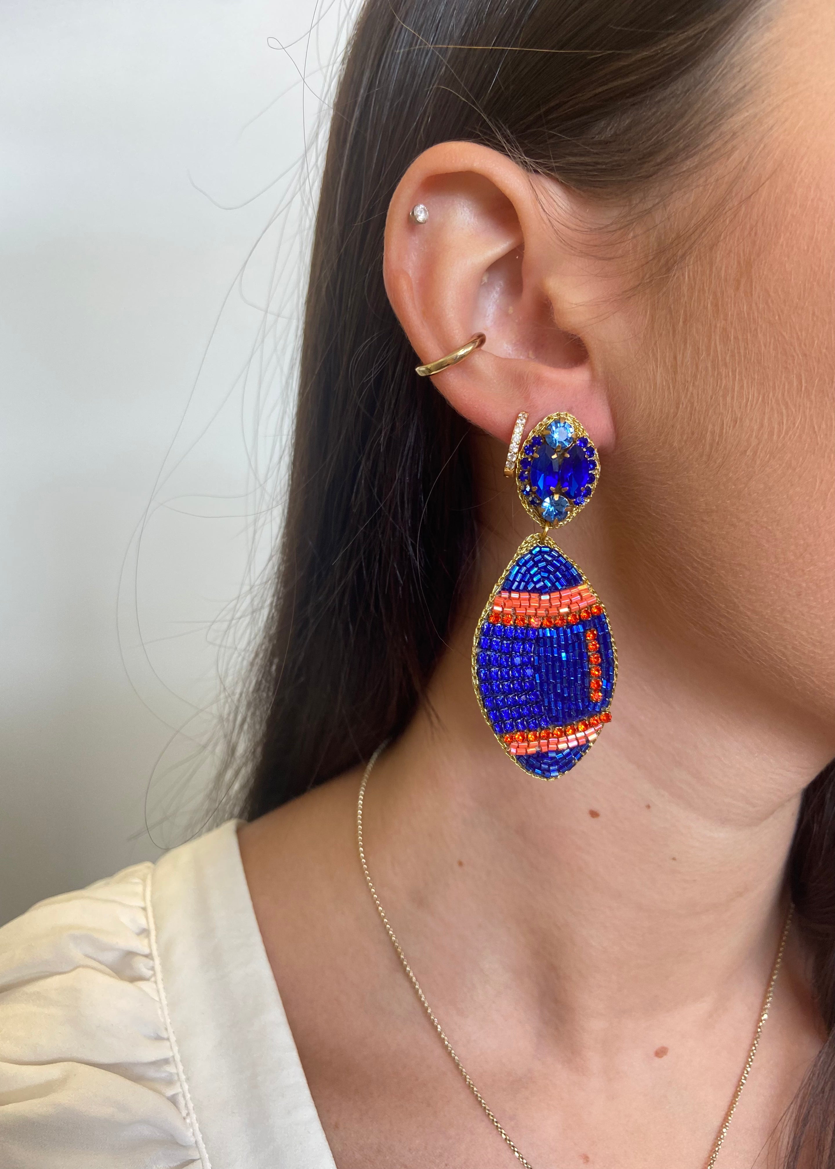 Football Fan Blue and Orange Beaded Earrings-Shop-Womens-Boutique-Clothing