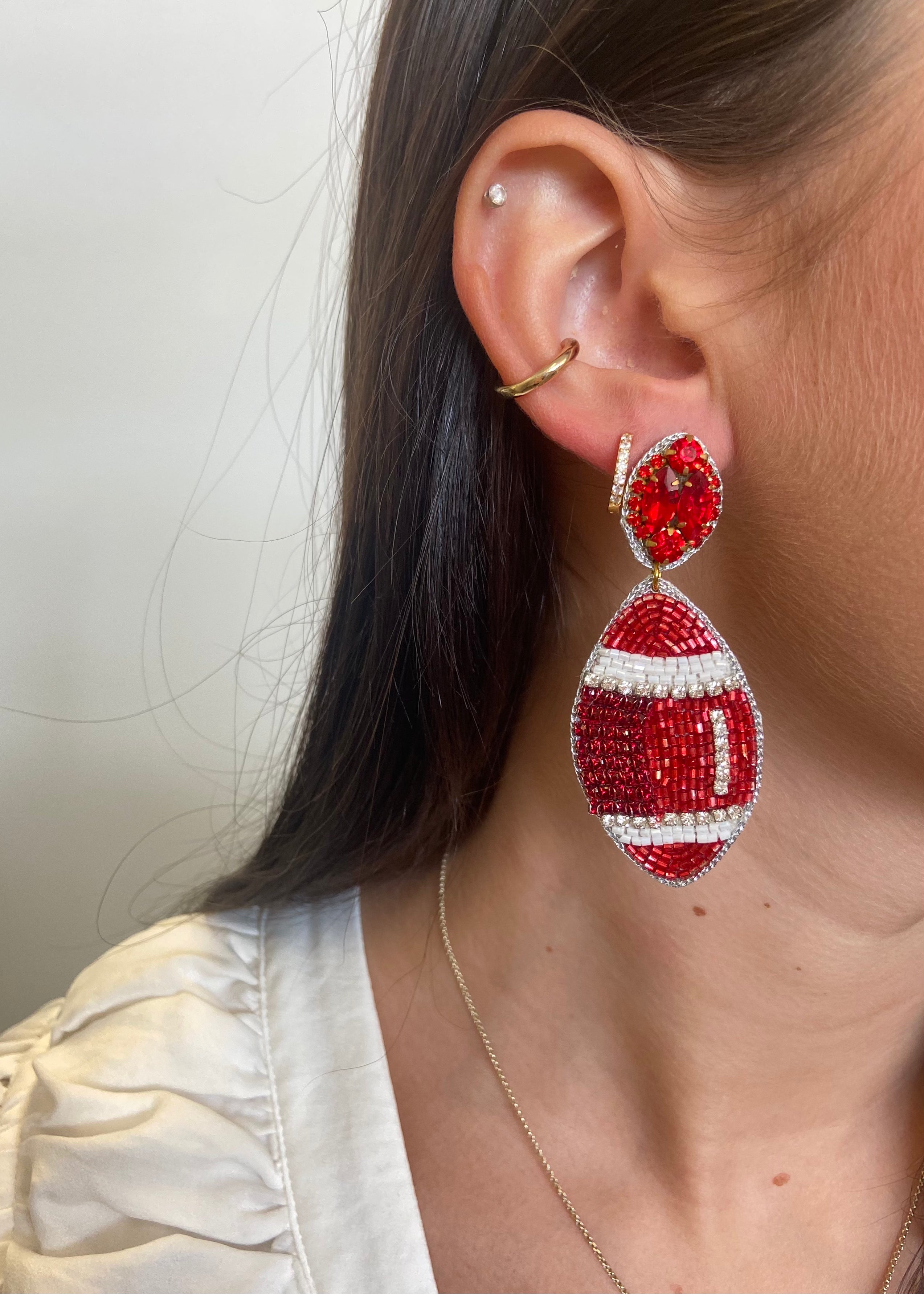 Football Fan Red and White Beaded Earrings-Shop-Womens-Boutique-Clothing