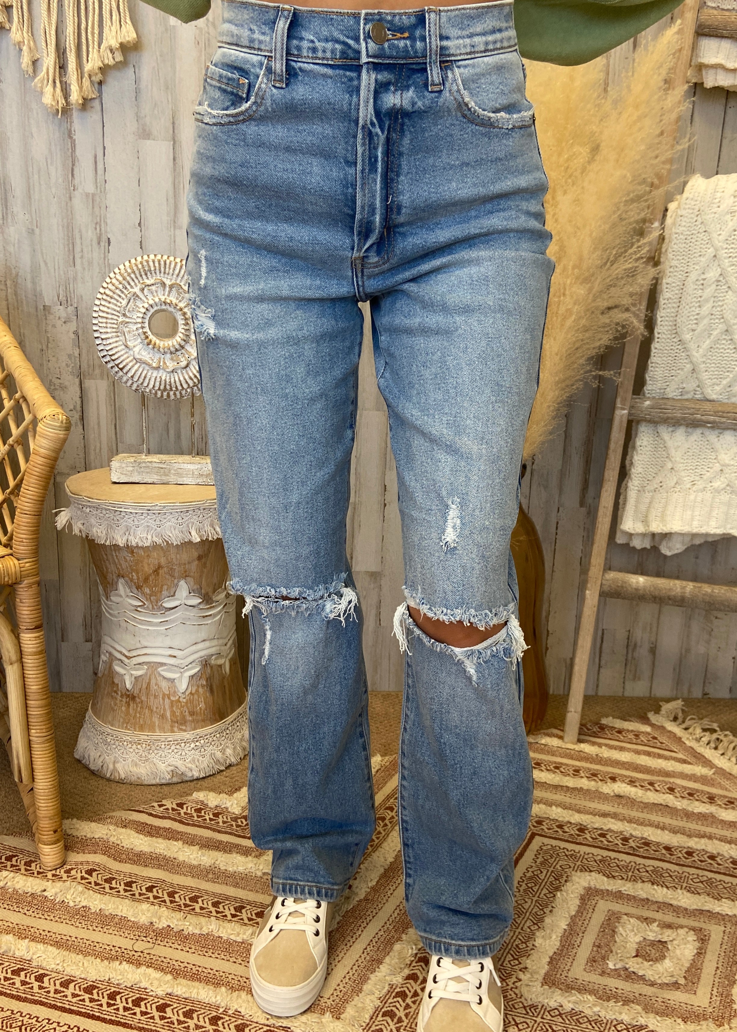 New Era Light Denim Destroy Dad Jean-Shop-Womens-Boutique-Clothing