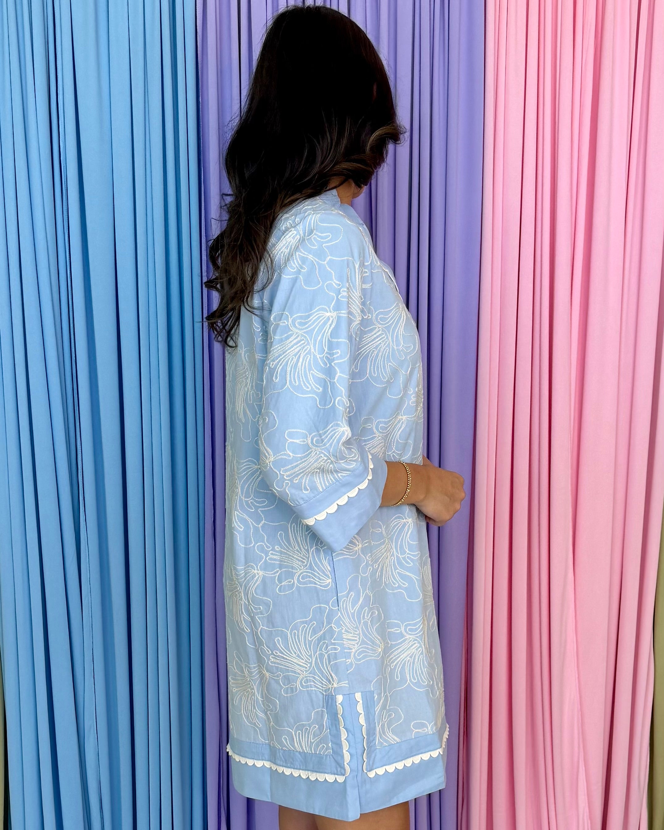 Fading Sunset Blue Embroidered Scallop Dress-Shop-Womens-Boutique-Clothing