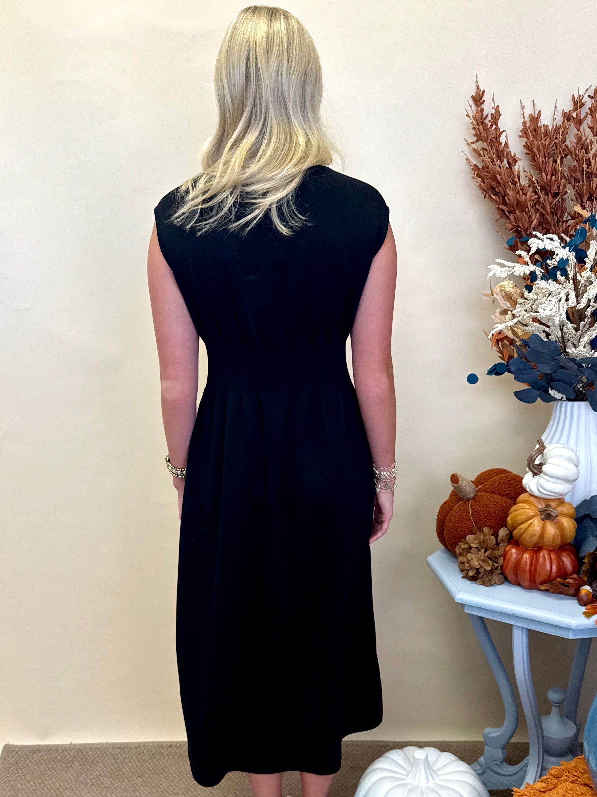 Cherished Moments Black Pintuck Midi Dress-Shop-Womens-Boutique-Clothing