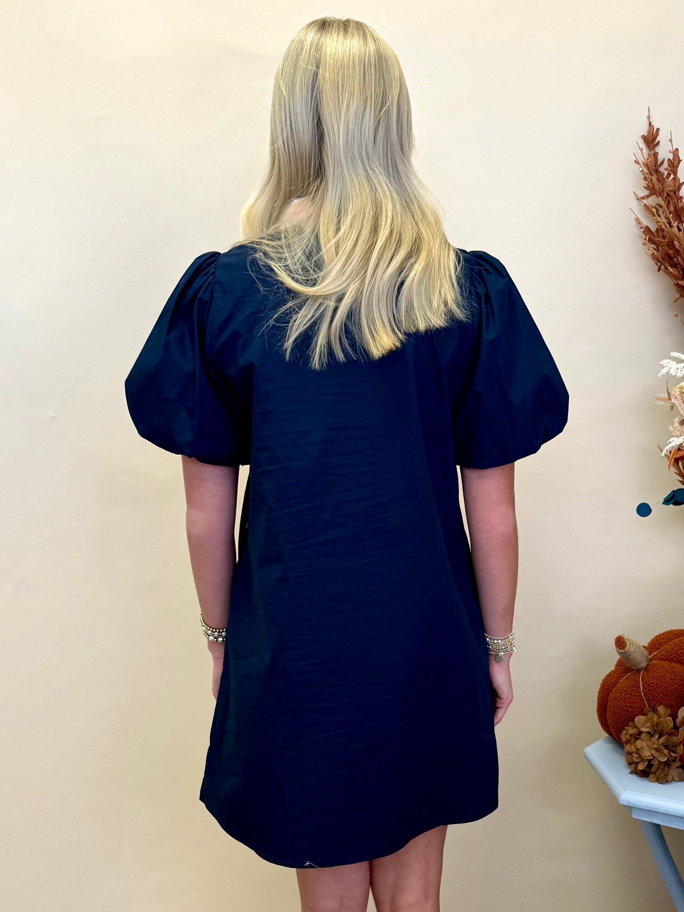 Botanical Breeze Navy Baroque Applique V Neck Dress-Shop-Womens-Boutique-Clothing