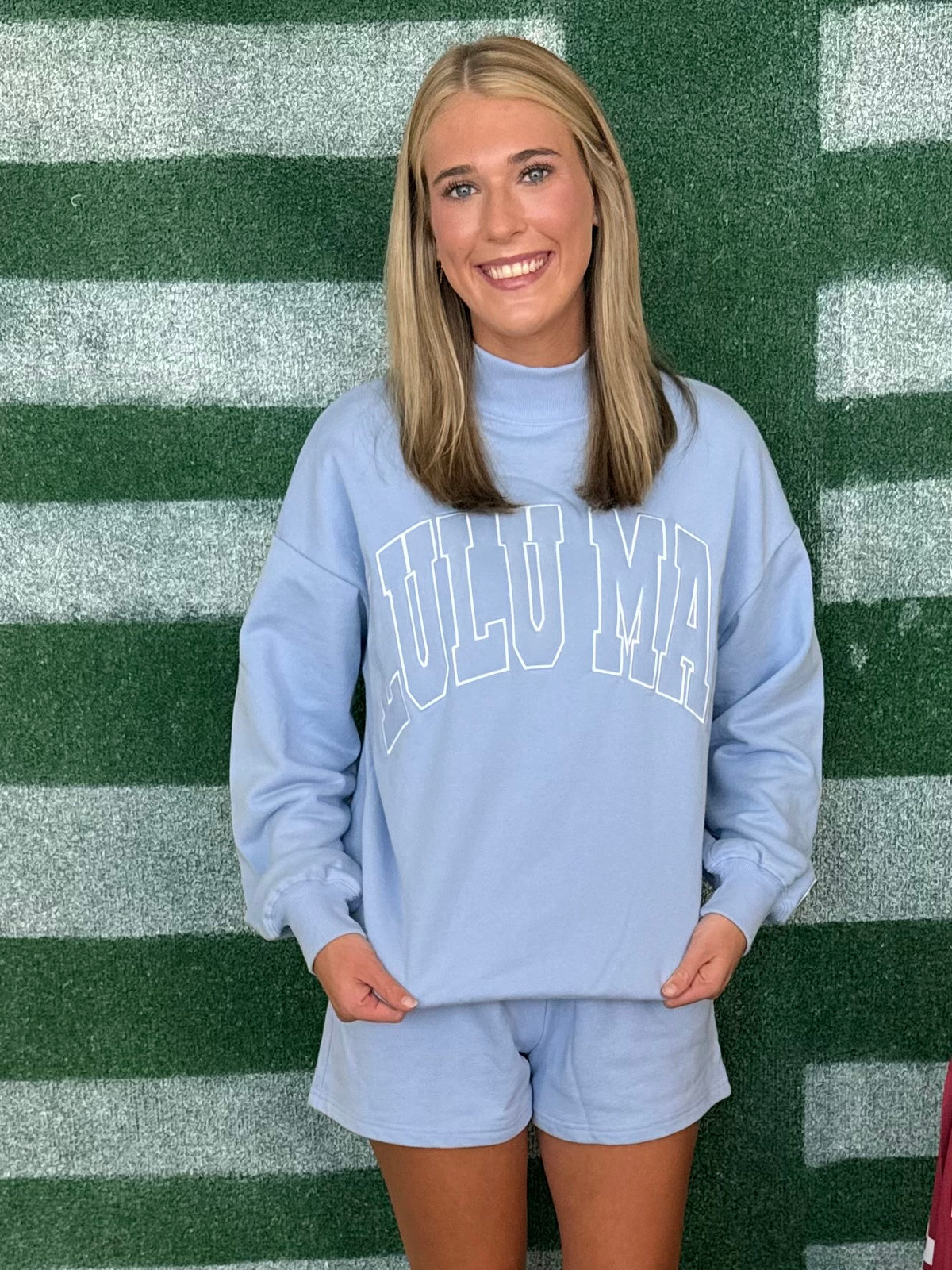 Lulu Mac Light Blue Stitch Mock Neck Terry Cloth Top-Shop-Womens-Boutique-Clothing