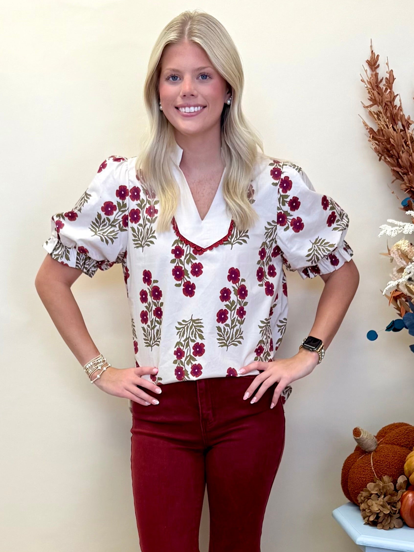 Sweetest Story Red Floral Deep V Neck Top-Shop-Womens-Boutique-Clothing