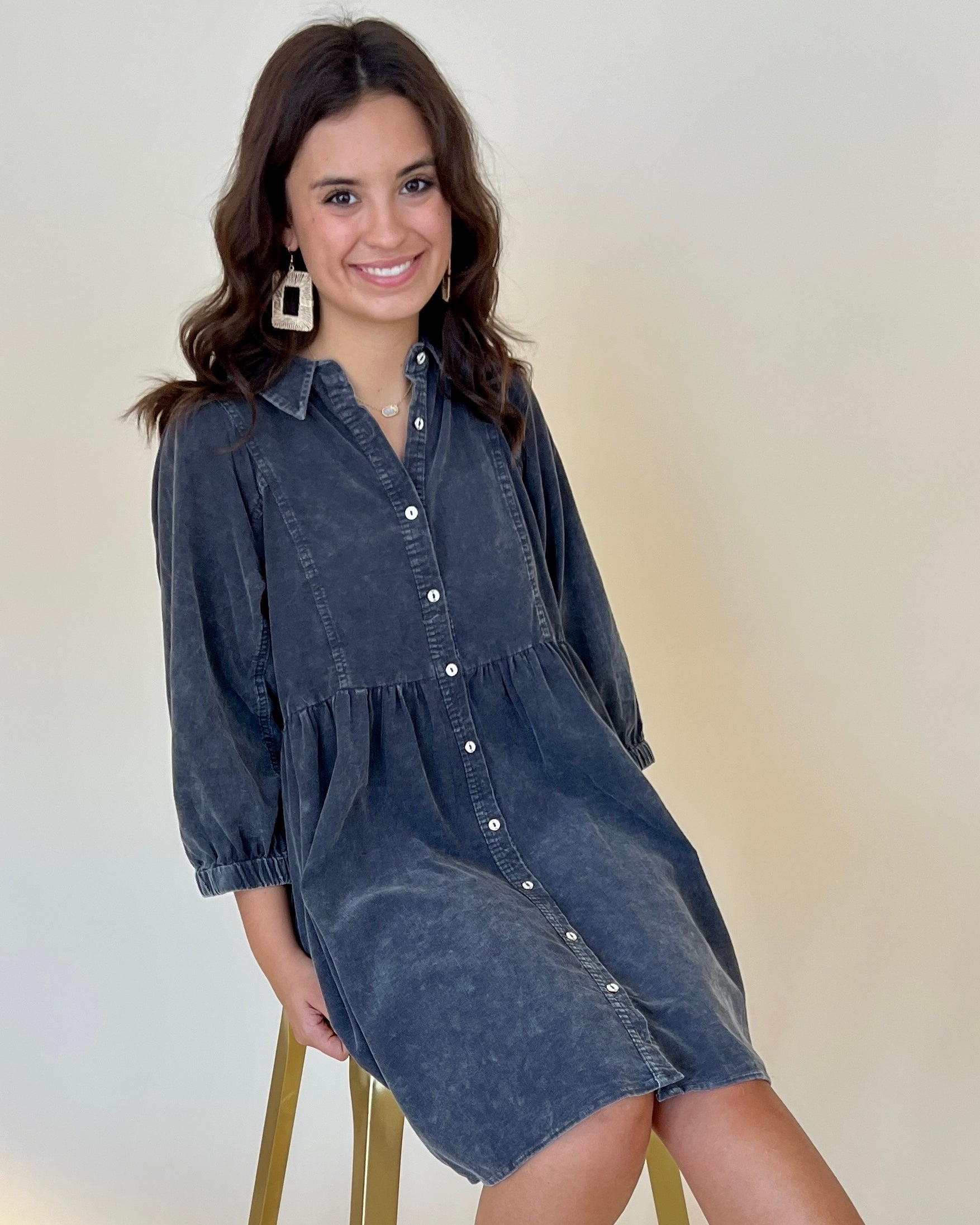 Embrace Life Dark Grey Mineral Wash Button Dress-Shop-Womens-Boutique-Clothing