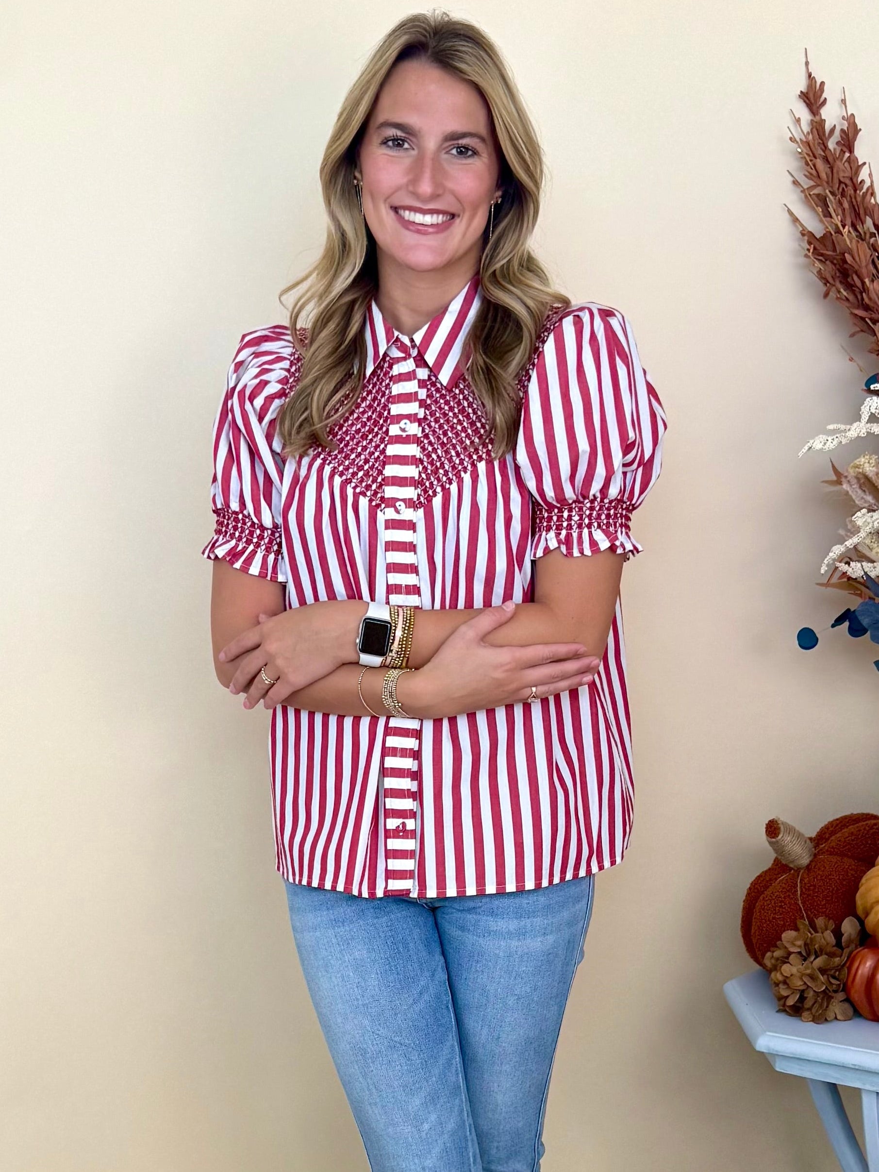 Effortless Energy Red Striped Smocked Top-Shop-Womens-Boutique-Clothing