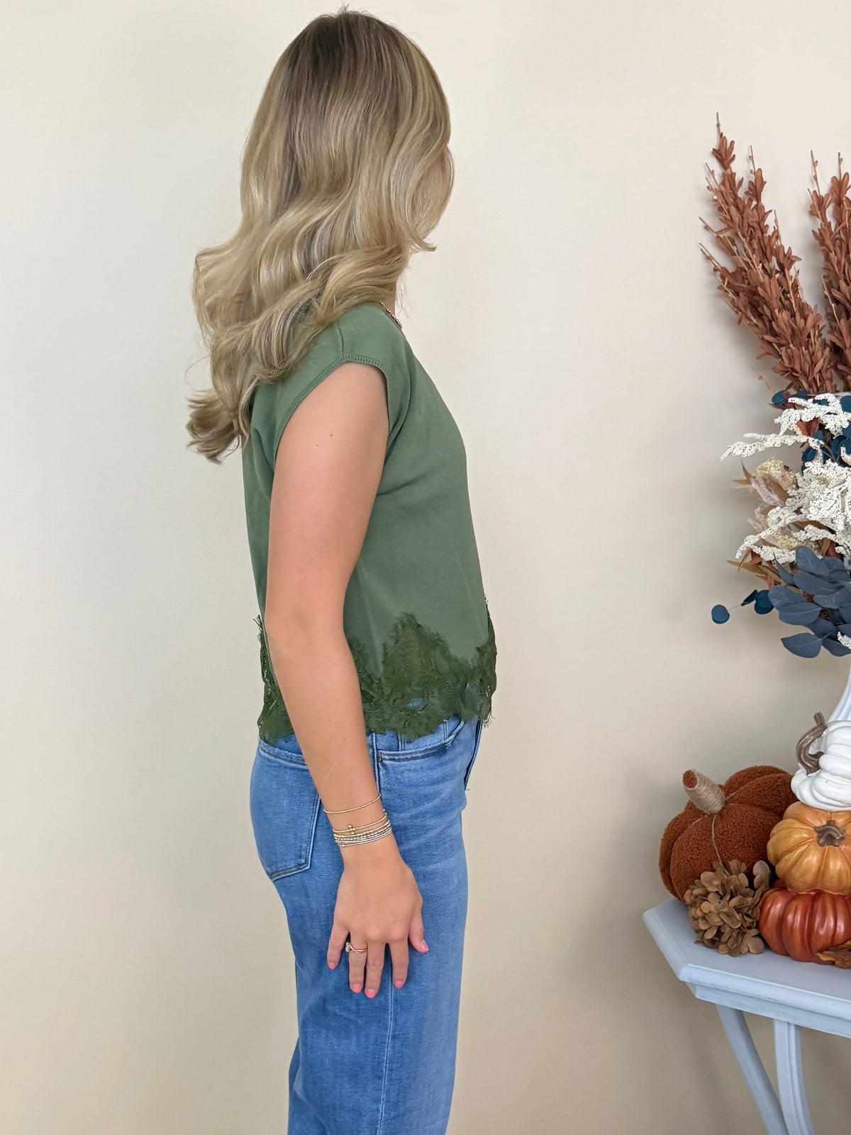 Boho Bliss Olive Lace Trim Sleeveless Sweater-Shop-Womens-Boutique-Clothing